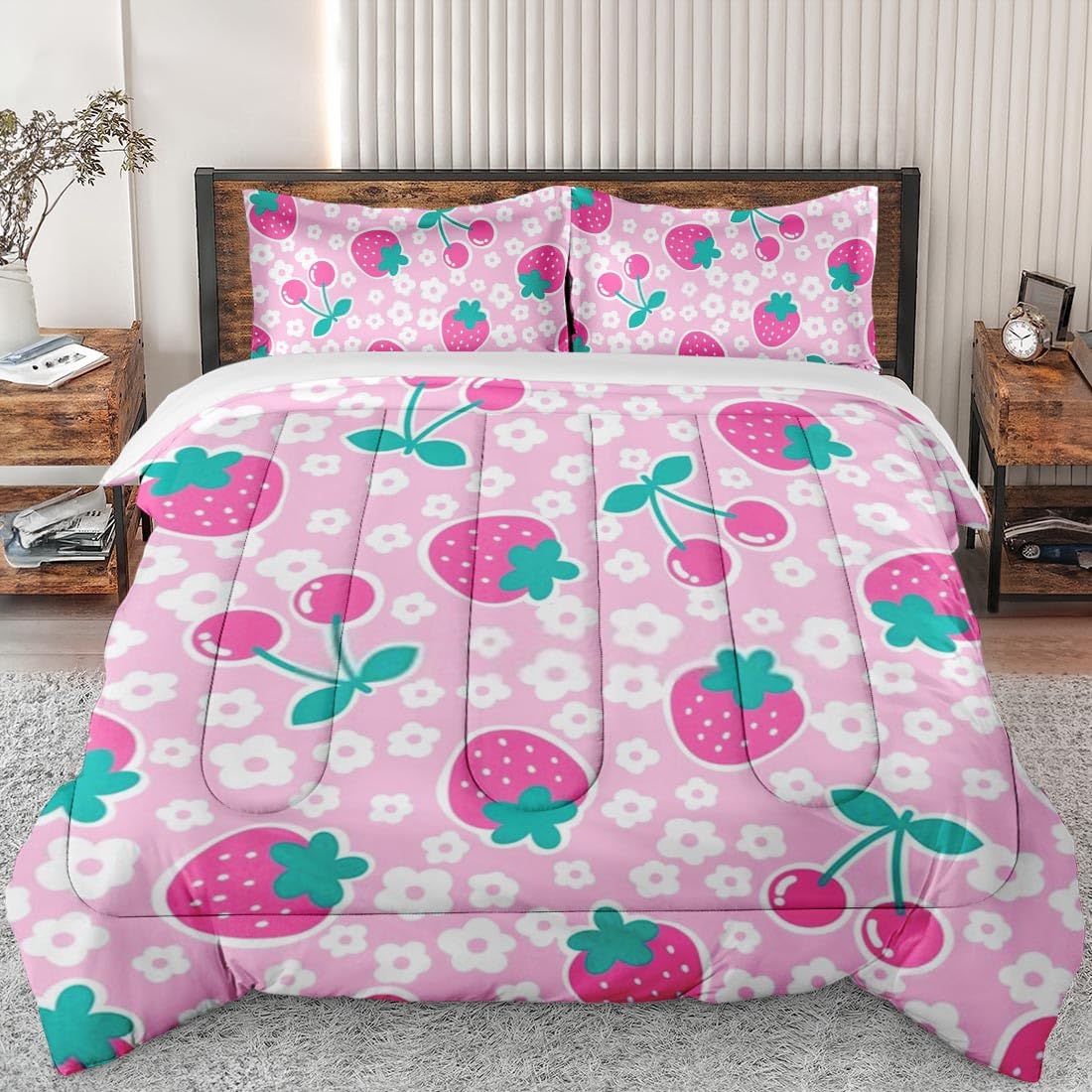 Strawberry Cherry Floral Queen Size Comforter Set - Soft Pink Fruit Pattern Bedding for Kids & Adults - Includes 2 Pillowcases - Perfect for Summer Bedroom Decor & Cozy Sleep