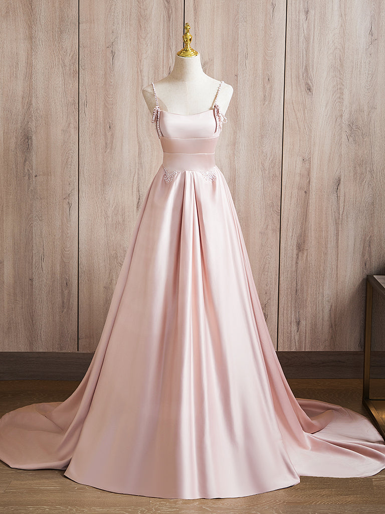 Elegant A-Line Beaded Satin Pink Long Prom Dress for Women - Formal Evening Gown for Homecoming, Wedding Guest & Special Occasions
