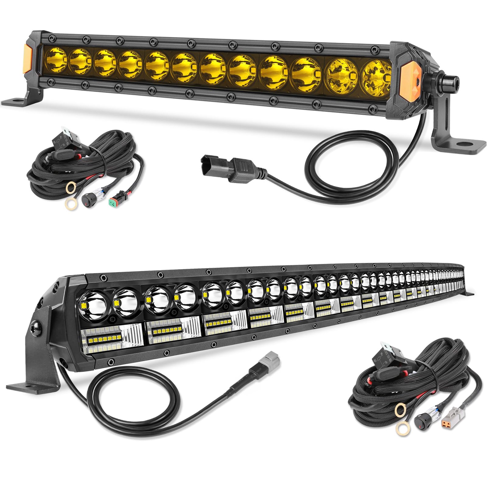 14 Inch & 54 Inch Yellow LED Light Bars with Wiring Harness Kit - Waterproof Off-Road Lighting for Trucks, ATVs, UTVs, Jeeps, Boats & Trailers