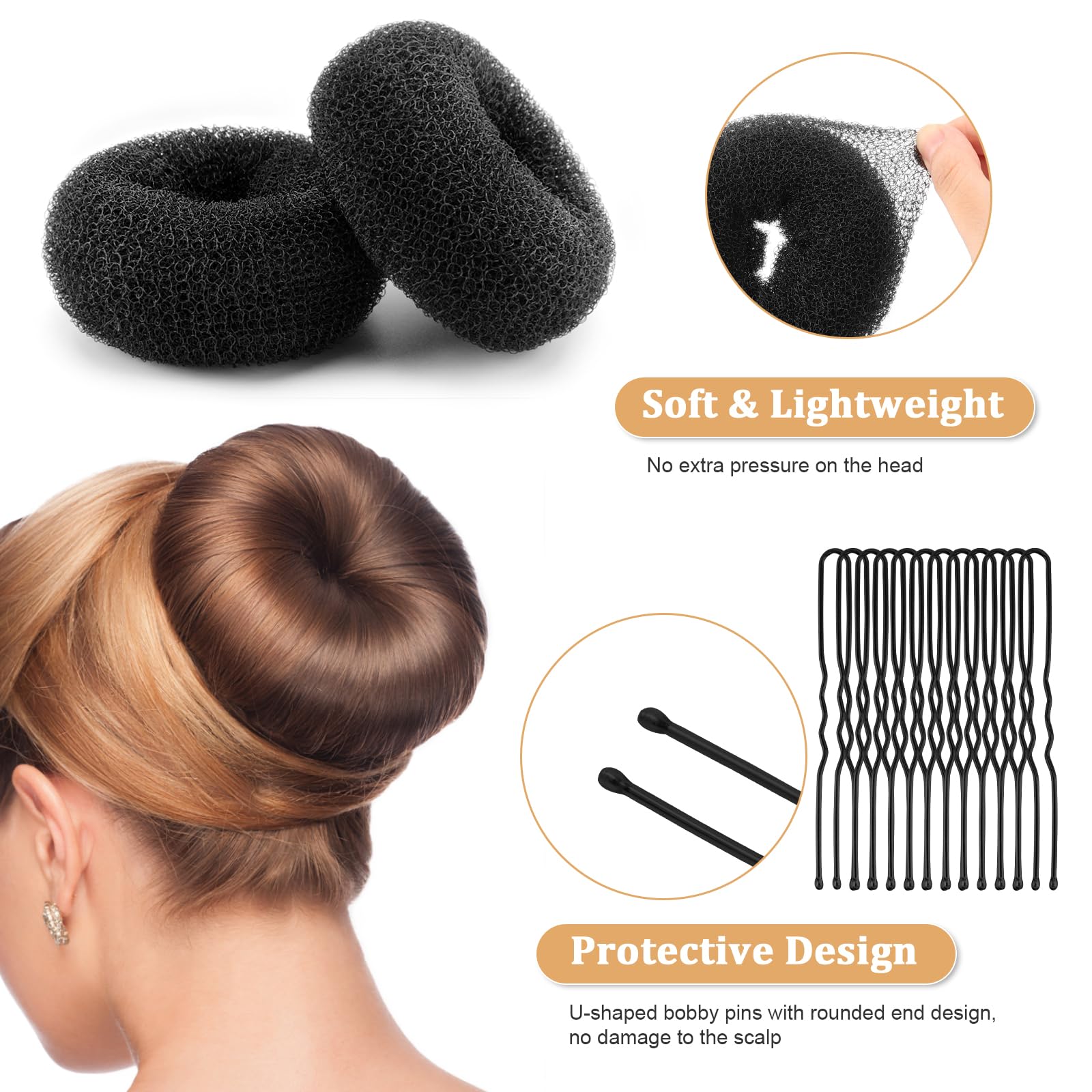 65 Pcs Hair Accessories Set - 10 Pcs Hair Bun Makers (XL/L/M/S), 50 U-Shaped Pins & 5 Hair Ties | Ballet Donut Bun Maker for Long & Thick Hair | Perfect for Ballet, Dance, Wedding & Everyday Hairstyles (Black)