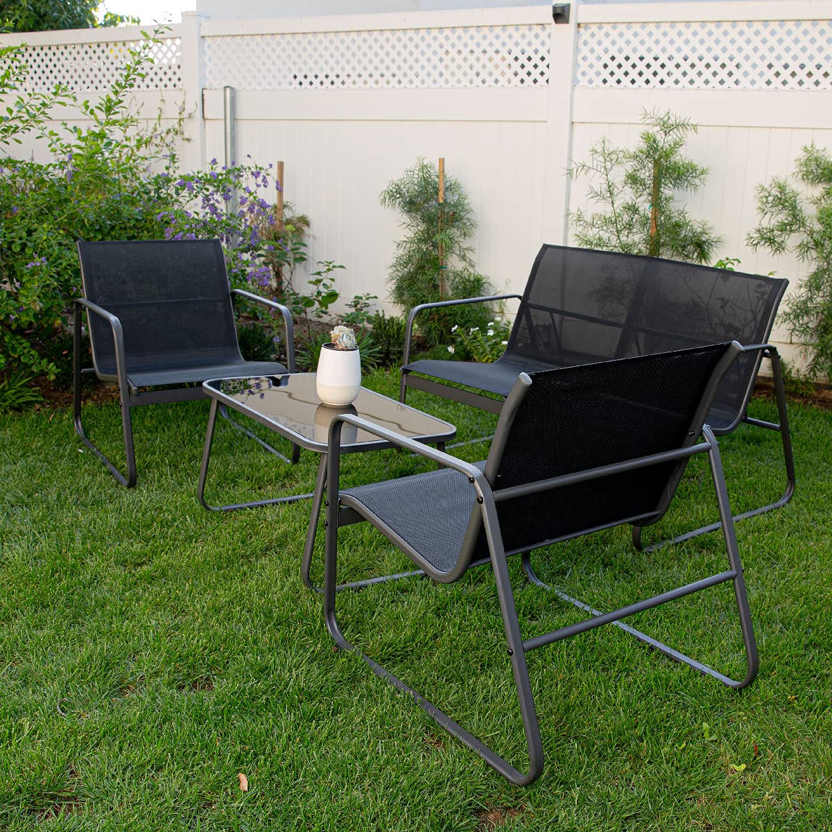 **Barton 4-Piece Outdoor Patio Furniture Set - Black Wicker Rattan Lounger Chairs with Glass Table - Modern Conversation Seating for Garden, Poolside & Backyard Relaxation**