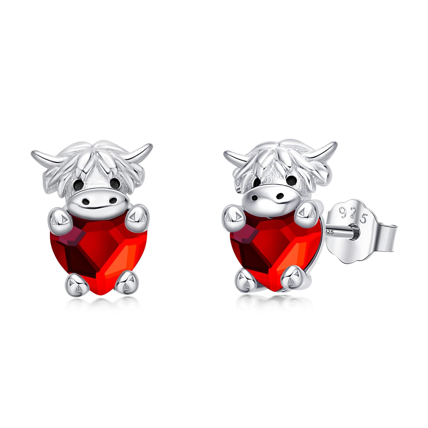 JUSTKIDSTOY 925 Sterling Silver Highland Cow Stud Earrings with Birthstones - Cute Animal Jewelry for Women, Girls, Daughter & Girlfriend - Perfect Birthday Gift for Cow Lovers & Farmhouse Style Fashion Accessories
