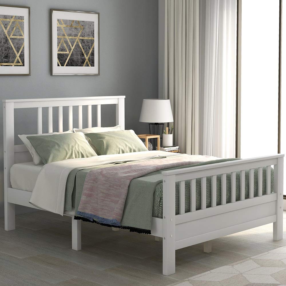 MERITLINE Full Size Bed Frame with Headboard - Solid Wood Platform Bed, No Box Spring Required - Perfect for Modern Bedrooms & Guest Rooms (White, Full)