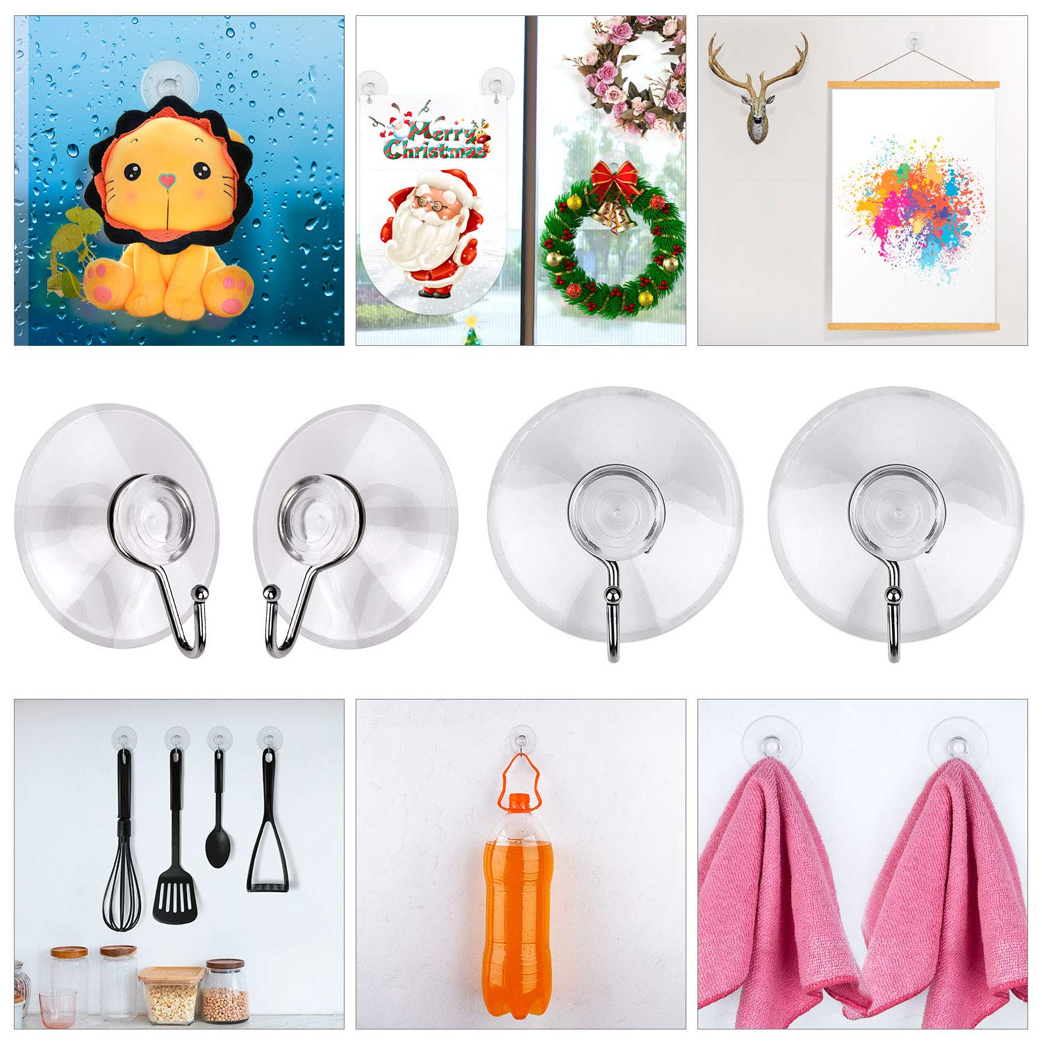 60 Pack Clear PVC Suction Cups with Hooks - Heavy Duty Universal Adhesive Hooks for Shower, Bathroom, Kitchen, Window, Wall & Glass - Perfect for Organizing Towels, Utensils, Decorations & More
