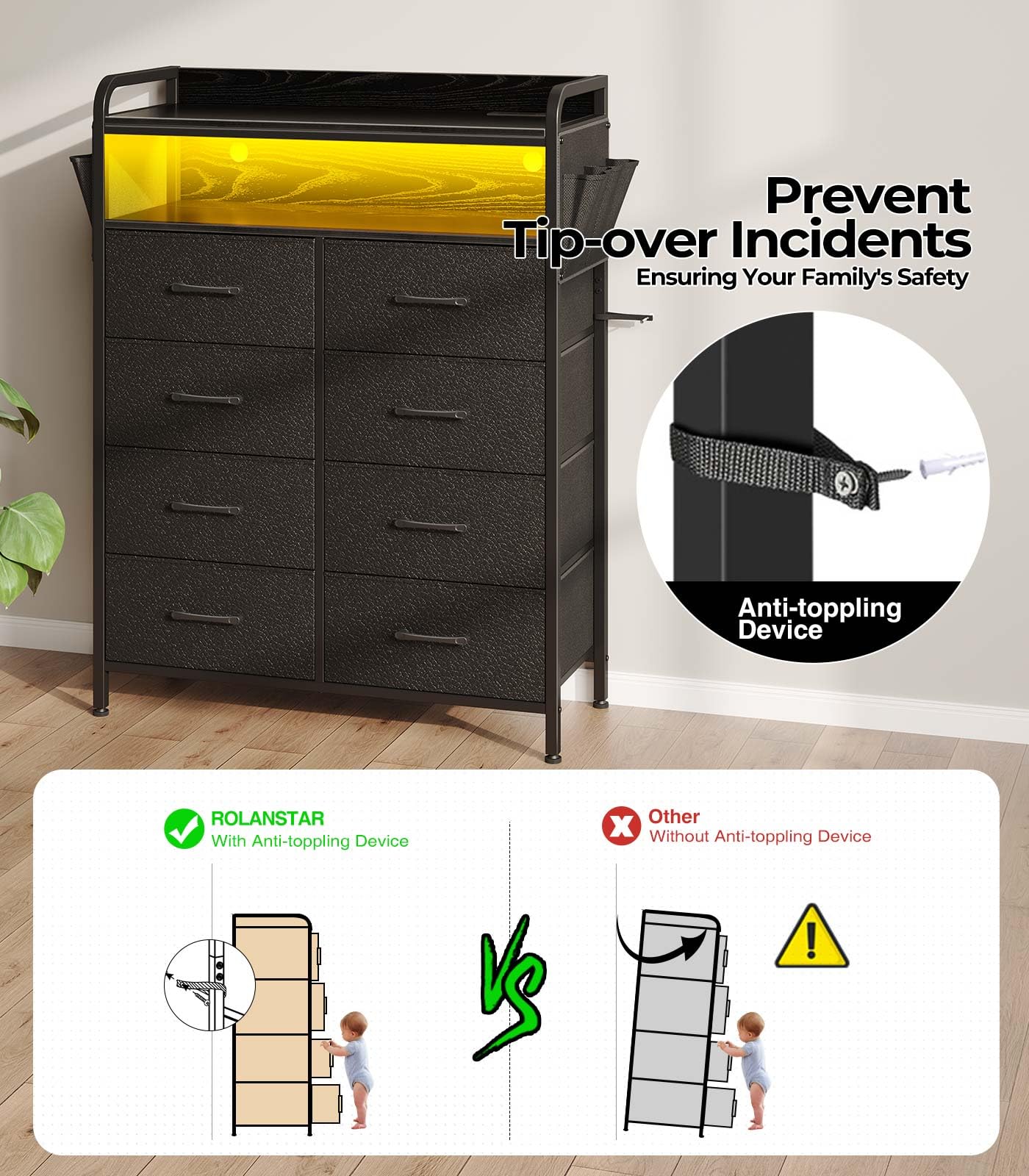 Rolanstar 8-Drawer Dresser with Power Outlets & LED Lights, Fabric Storage Chest with PU Finish, Sturdy Wood Top Frame & Side Pockets - Modern Tall Bedroom Dresser for Clothes Organization & Home Decor (Black)
