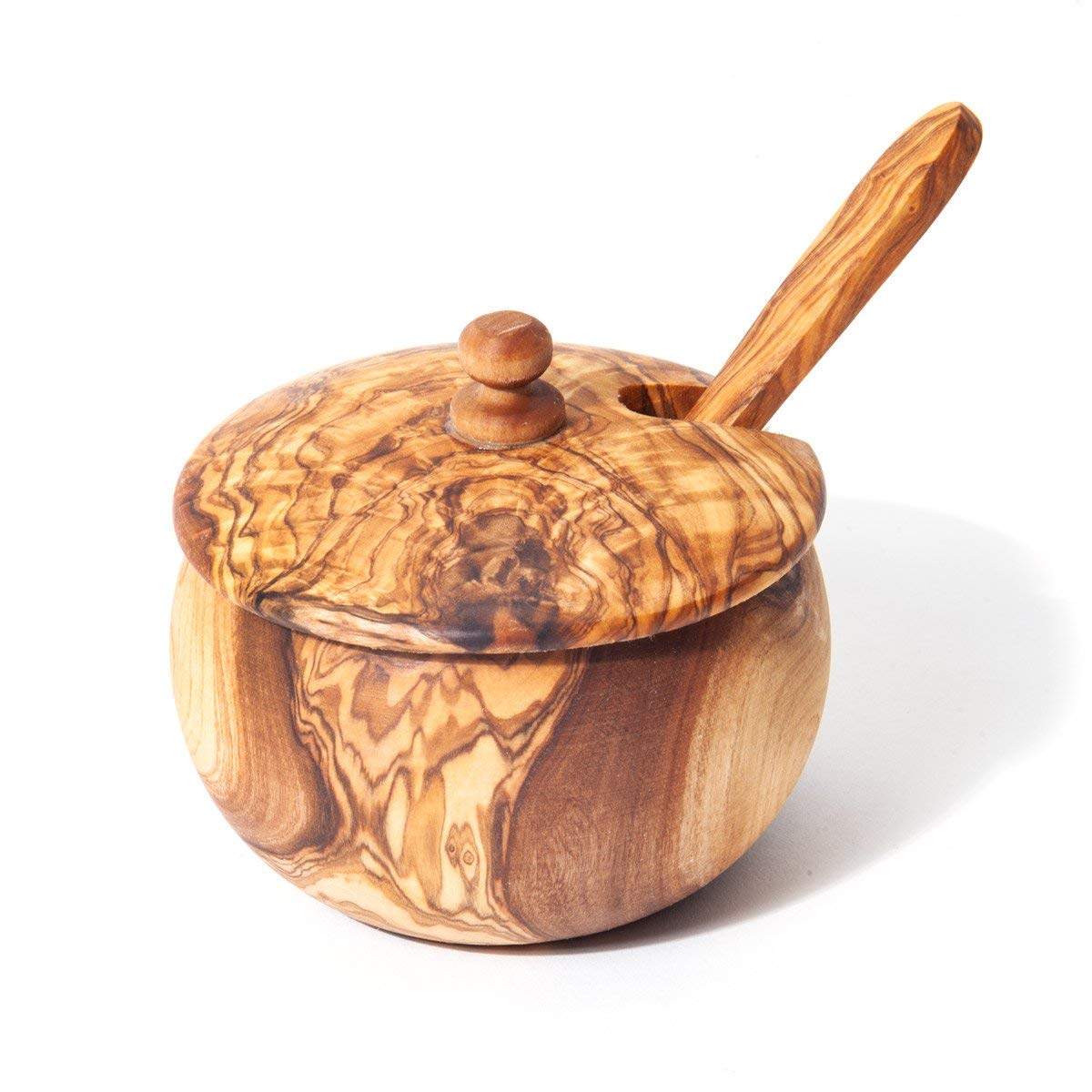 Premium Olive Wood Sugar Bowl with Lid & Spoon – Handcrafted Grated Cheese & Crushed Pepper Server – Rustic Kitchenware for Coffee, Tea & Dining Table Decor