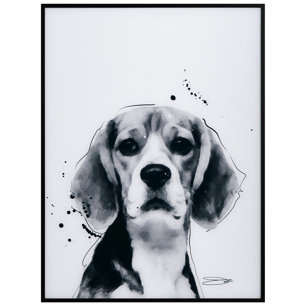 Beagle Black and White Dog Portrait Painting - Printed Glass Art with Black Anodized Frame - Perfect for Living Room, Bedroom & Pet Lovers Home Decor