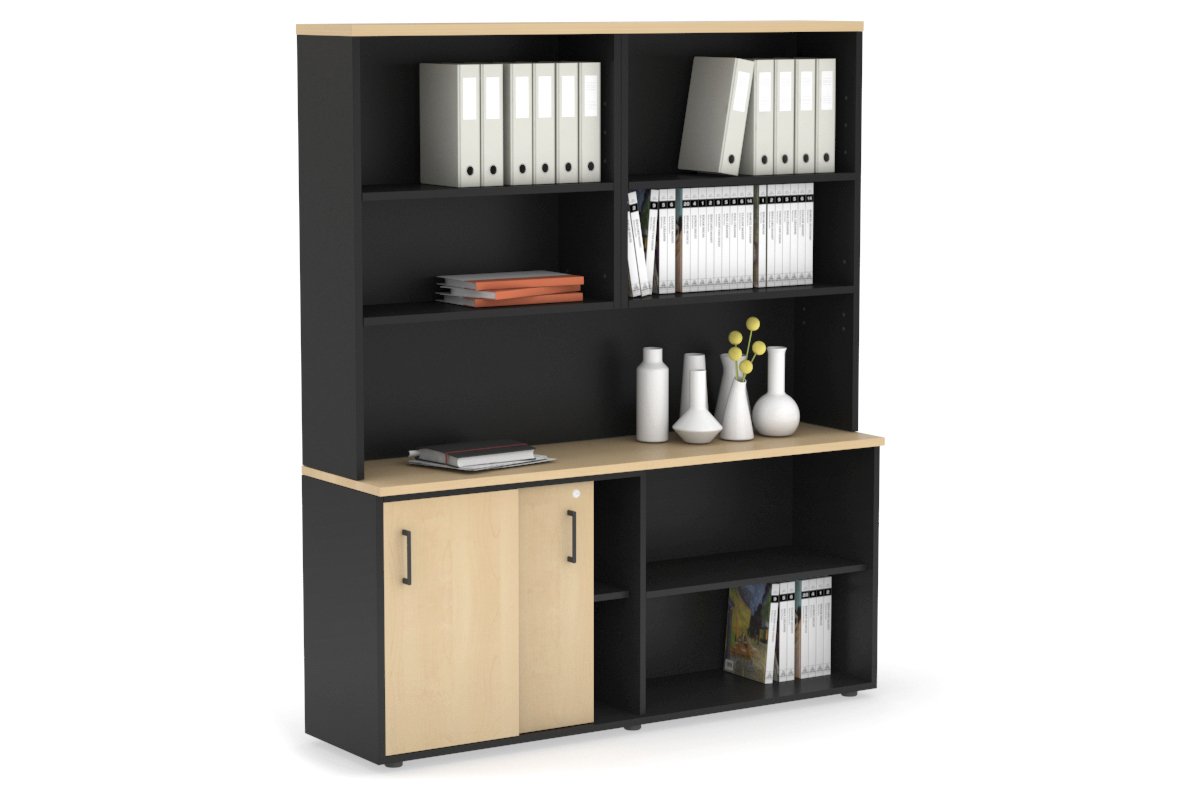 Modern 2-Door Sliding Credenza with Open Storage Hutch - Stylish Home Office & Living Room Furniture for Organization & Display