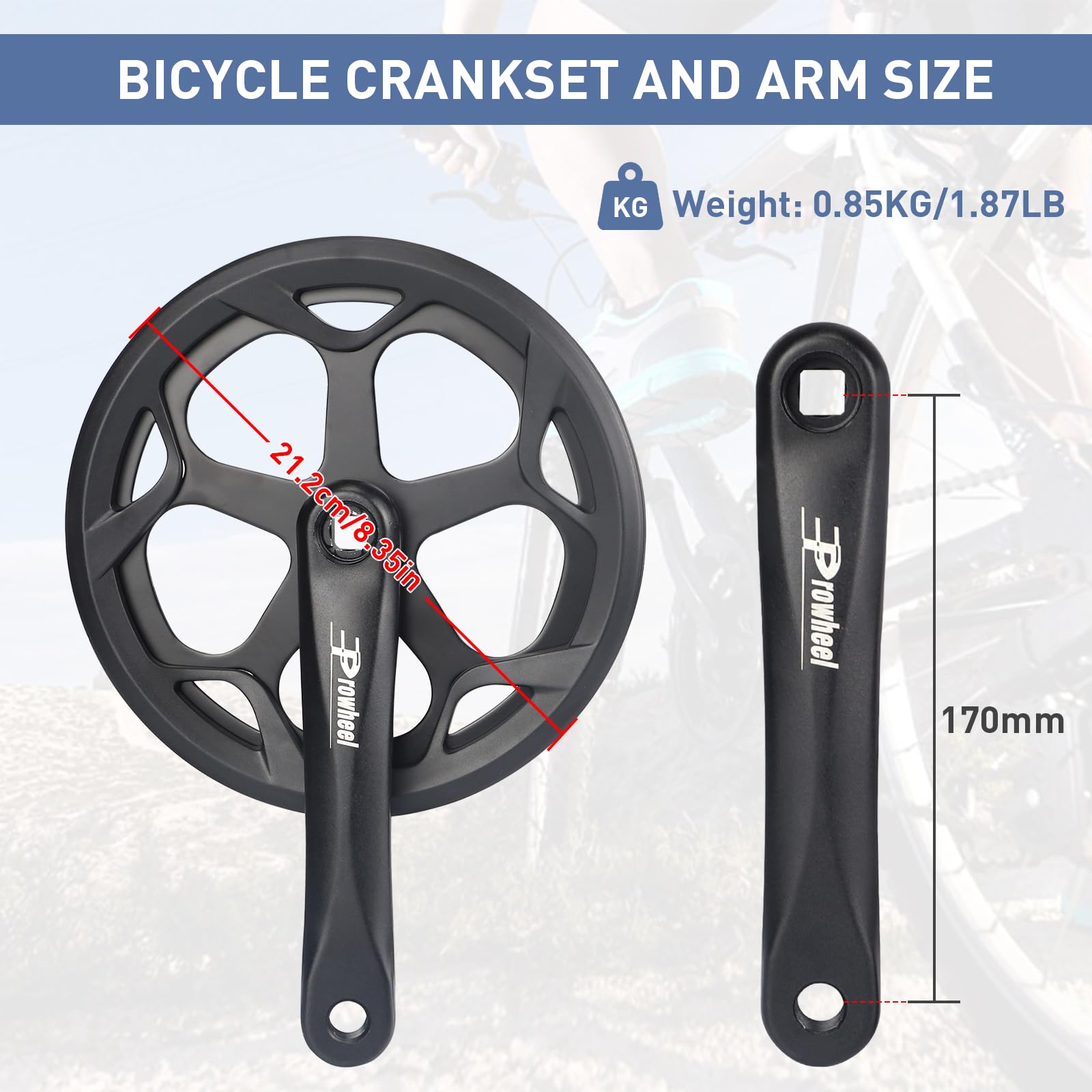 Prowheel 48T/52T Steel Chainring Bike Crankset - 1 Piece Single Speed & 6/7/8 Speed Compatible - 170mm Aluminum Alloy Arm with Double Chain Cover - for E-Bike, Bicycle & Folding Bike - Perfect for Commuting, Urban Riding & Electric Bike Upgrades