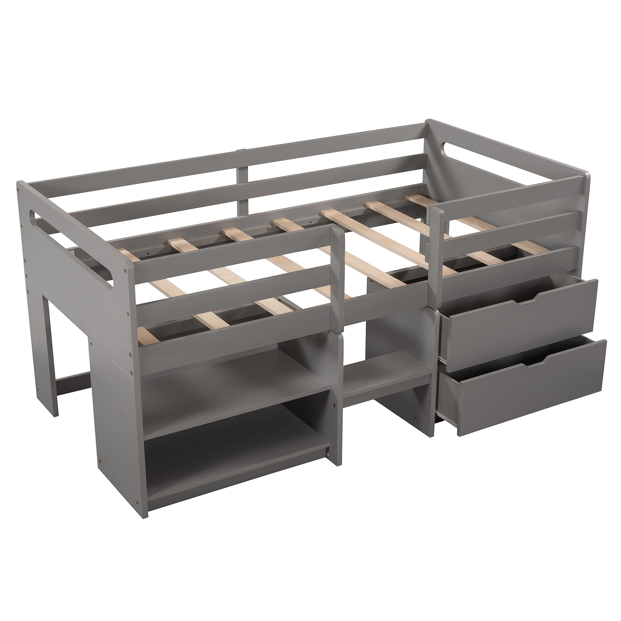 Twin Size Low Loft Bed for Kids & Teens - Solid Wood Loft Bed with 2 Shelves, 2 Drawers & Safety Guard Rail - Space-Saving Bedroom & Dorm Furniture - Perfect for Small Rooms & College Dorms (Gray)