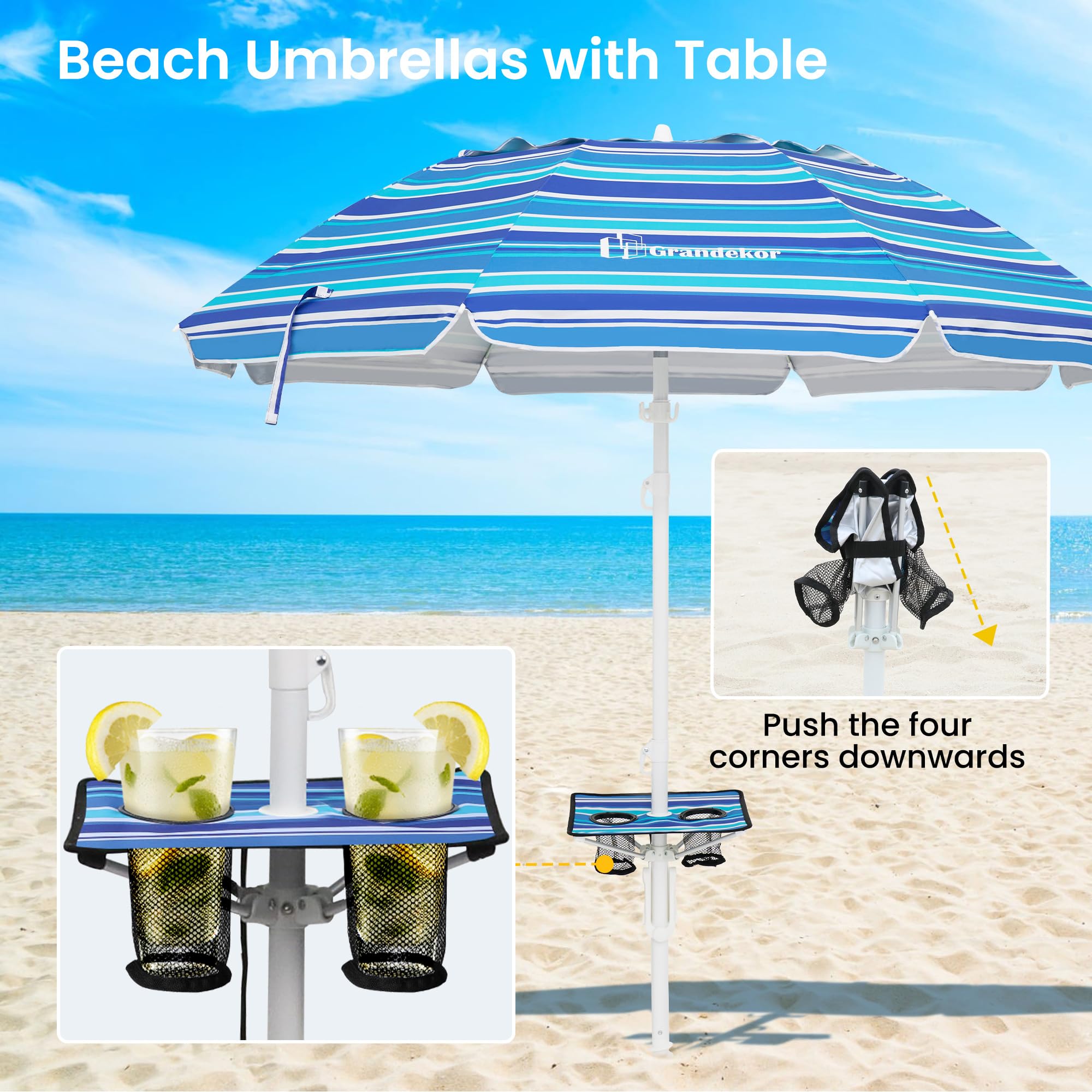 Grandekor 7FT Heavy Duty Windproof Beach Umbrella with Sand Anchor, Portable UV 50+ Sun Shade with Carry Bag & Side Table - Perfect for Beach Vacations, Poolside Relaxation, and Outdoor Picnics