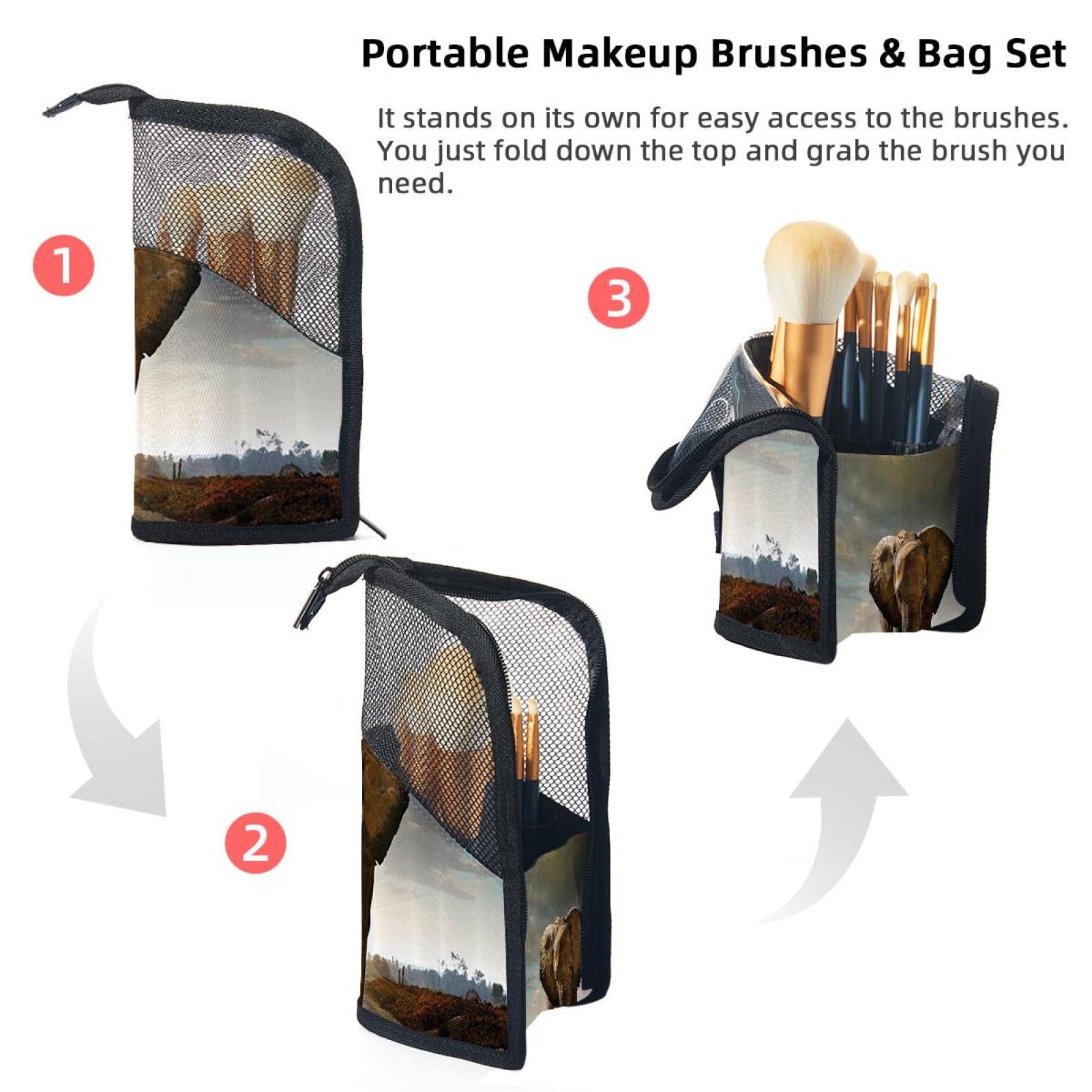 Premium Makeup Brush Organizer Bag with 12 Brushes - Asian Elephant Design, Portable Cosmetic Brush Holder Case for Travel & Home Storage
