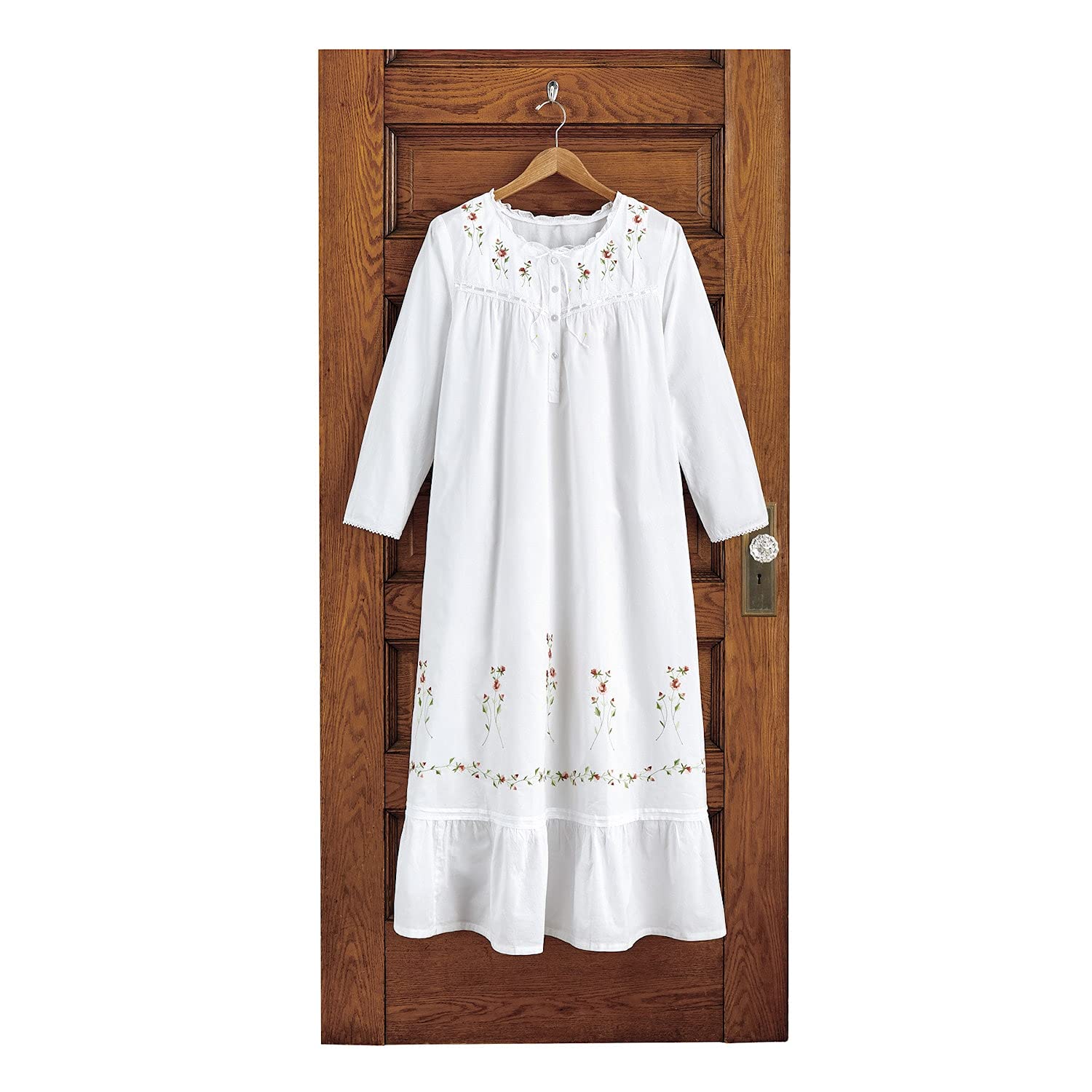 LA CERA Women's 3/4 Sleeve Cotton Nightgown - Soft 100% Cotton Sleepwear with Side Pockets, Rose Embroidery & Ribbon Trim - Perfect for Relaxing at Home, Lounging & Comfortable Sleep