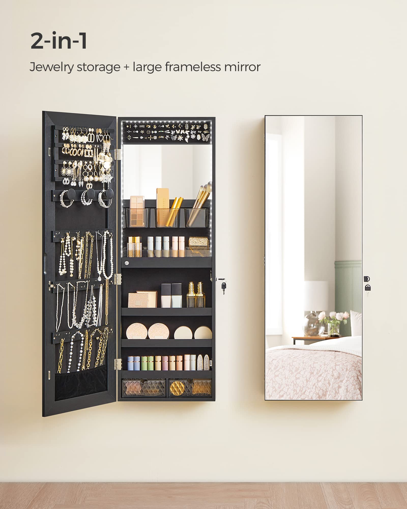 SONGMICS Jewelry Cabinet Armoire Organizer with LED Lights - Wall Mounted Storage with Full-Length Mirror, Built-in Makeup Mirror, 2 Lockable Drawers for Bedroom, Bathroom, Closet - Black UJJC013B01 | Jewelry Storage & Vanity Organizer for Women