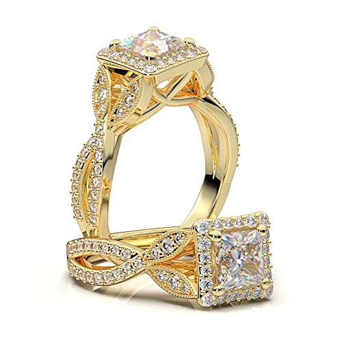 14K Yellow Gold Princess Cut Halo Engagement Ring with Twist Shank - Vintage Inspired Cushion Square Halo Ring Featuring Forever One Colorless Moissanite Center Stone - Perfect for Proposals, Anniversaries & Special Occasions