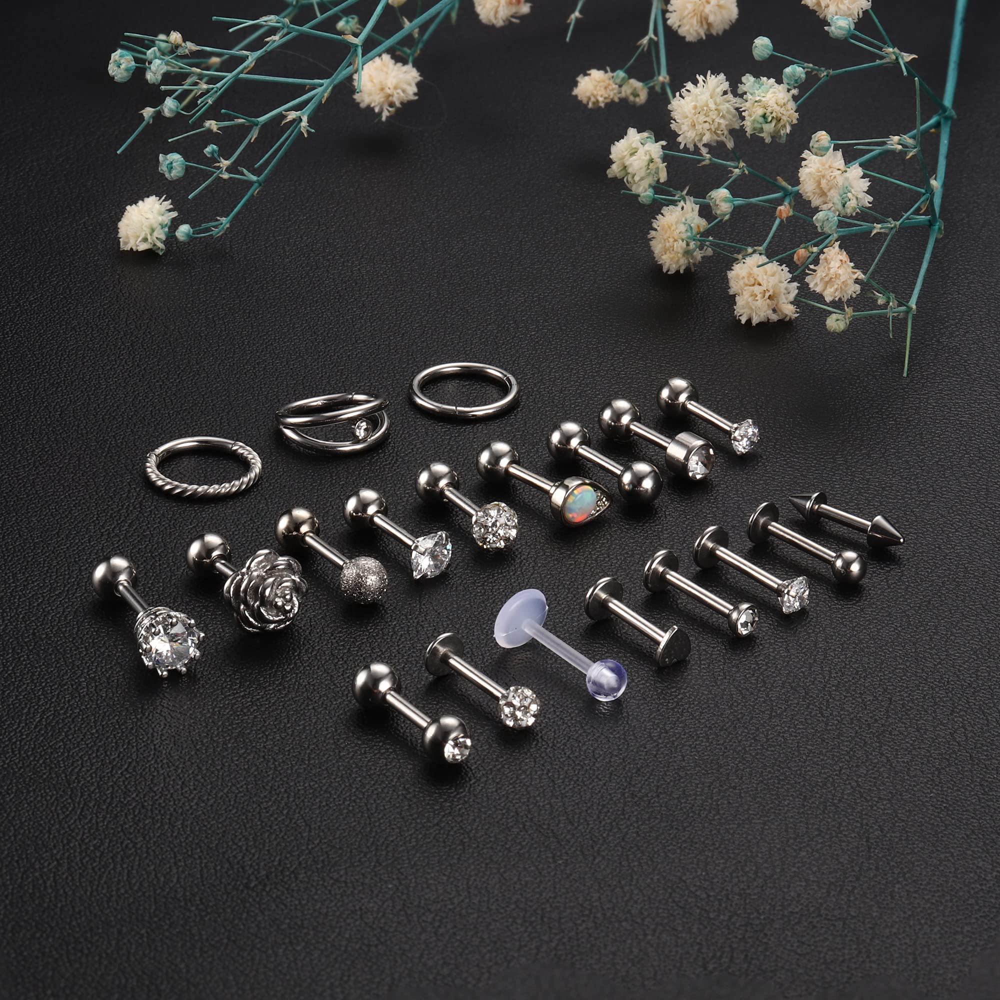 20 Pcs Stainless Steel Cartilage Earrings Set - Helix, Tragus, Daith Piercing Hoops with Flat Back & Ball Studs for Women | Hypoallergenic Body Jewelry for Everyday Wear & Special Occasions