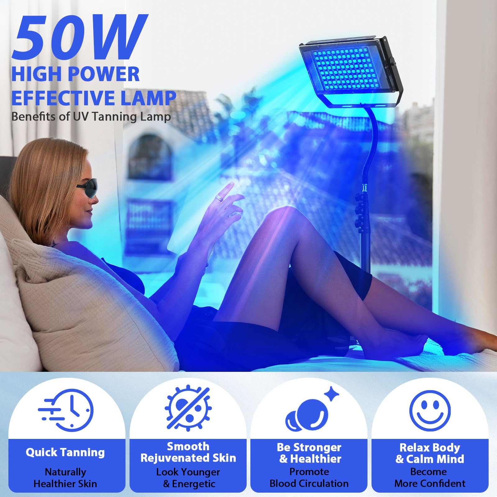 JITESY 50W Tanning Lamp for Home - 2 Modes (Constant & Pulsating), 5 Brightness Levels, Face Tanning Daylight Lamp, High Density Solarium for All Skin Tones (Black) - Perfect for At-Home Tanning, Beauty Salons & Self-Care Routines