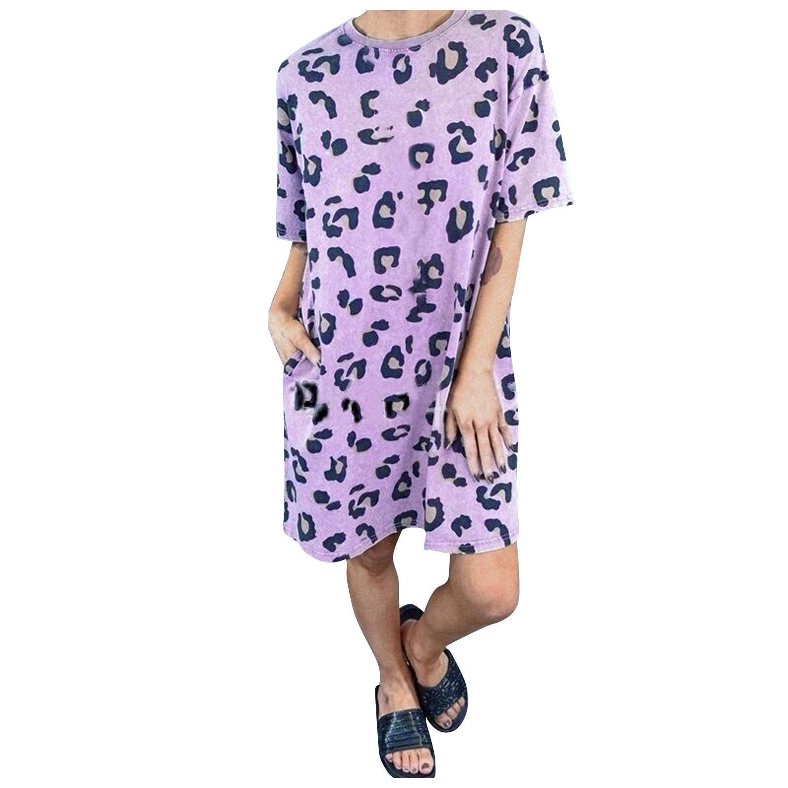 Women's Summer Boho Dresses with Leopard Print & Pockets - Purple Casual Home Wear for Vacation, Beach Outings & Leisure Activities