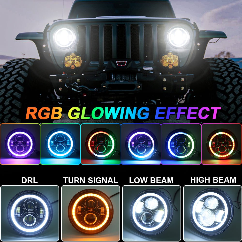 7 Inch RGB LED Headlight & 4 Inch RGB Fog Light Kit for Jeep Wrangler JK JL Gladiator JT - Off-Road Adventure & Night Driving Upgrade
