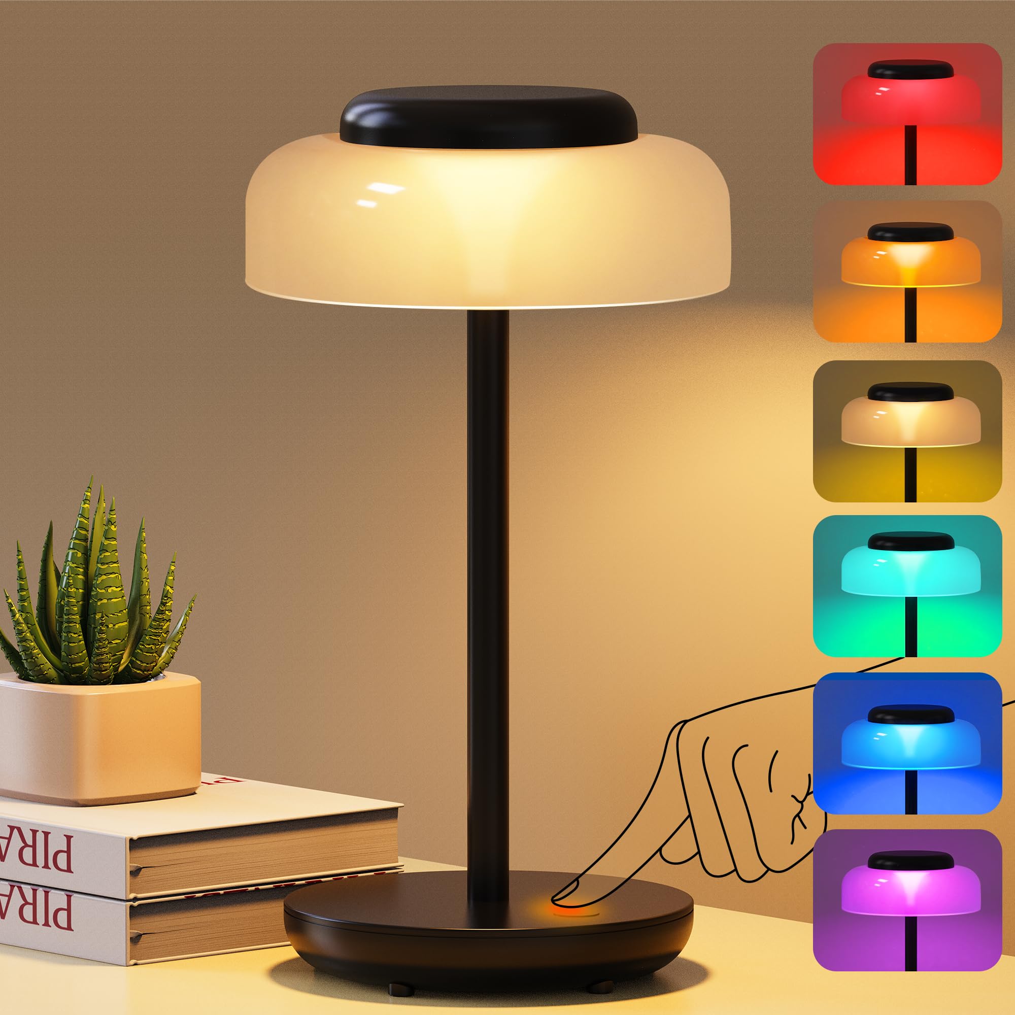 QiMH 5000mAh Rechargeable LED Table Lamp - 3-Level Touch Control, Cordless Desk Light with RGB Colors, Portable Night Light for Bedroom, Living Room, Office, Outdoor & Camping (Black) - Perfect for Reading, Working, and Ambient Lighting