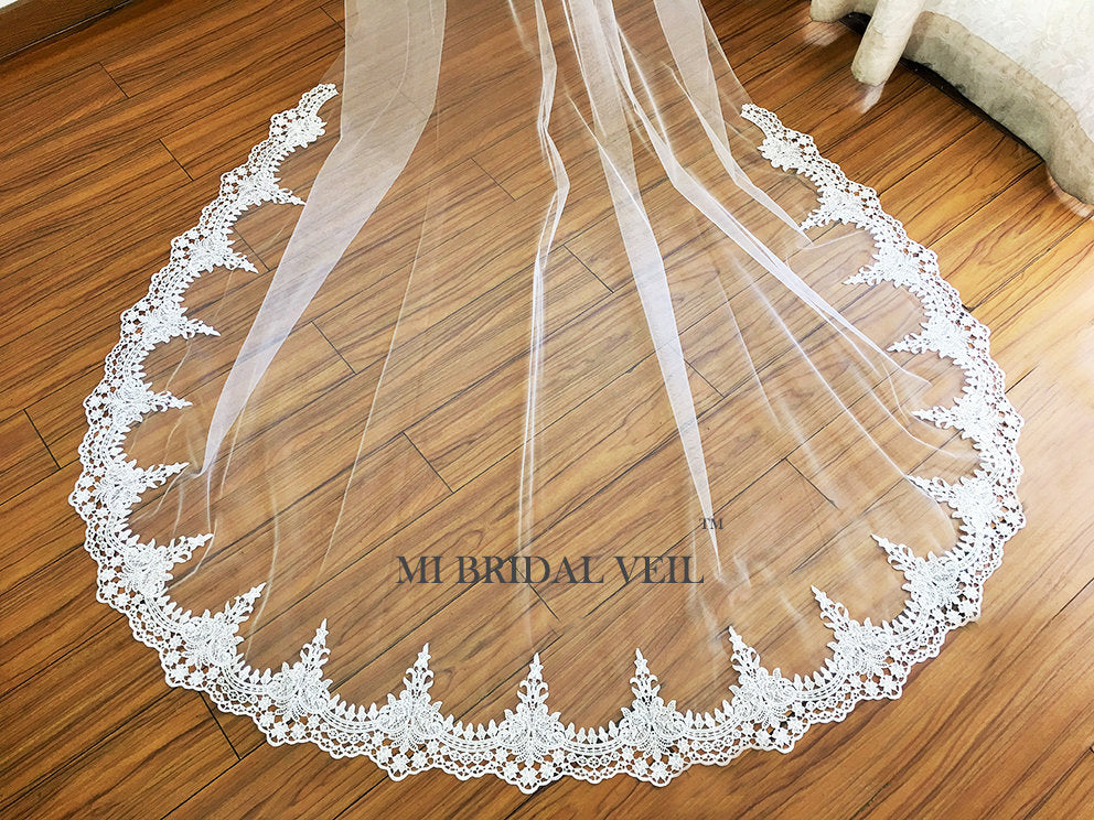 Elegant Cathedral Wedding Veil with Blusher | Venice Lace Trim | Mi Bridal Collection | Perfect for Bridal Showers, Church Weddings & Formal Ceremonies