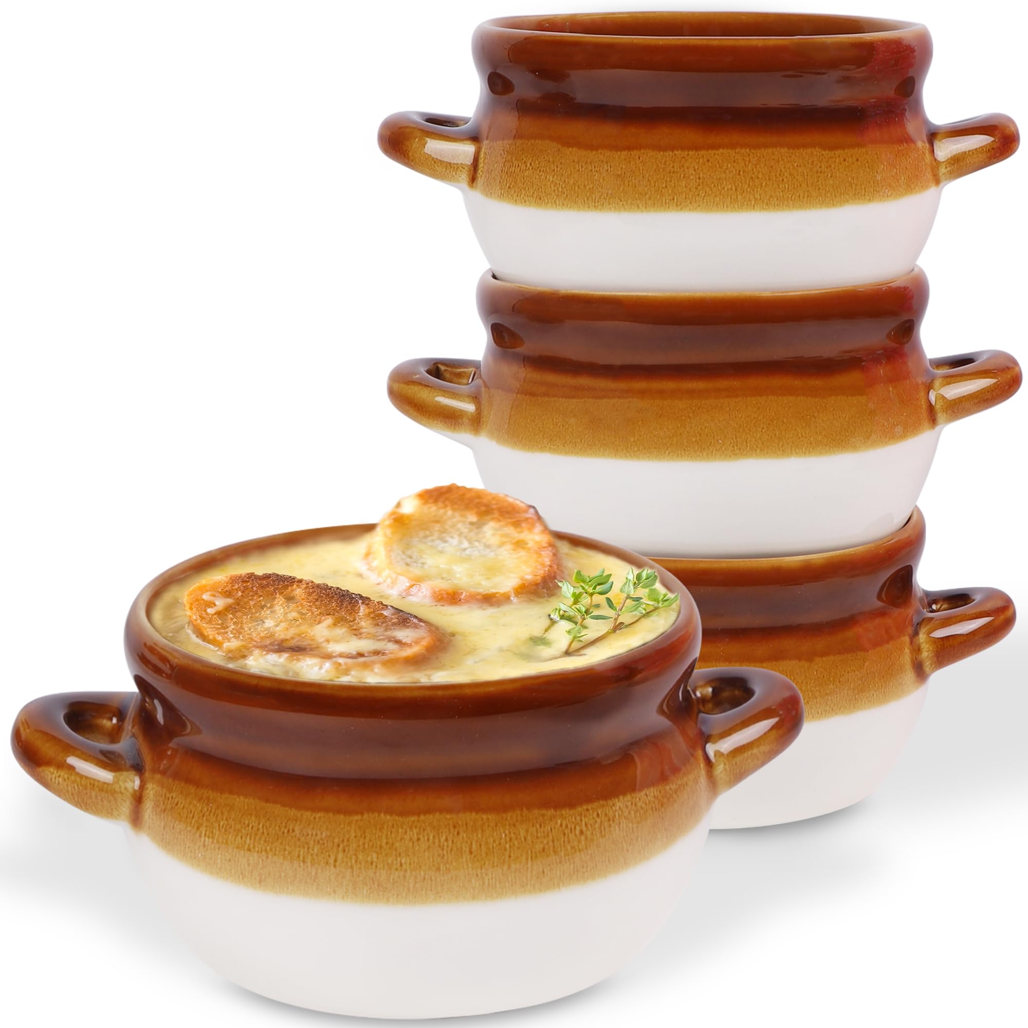 4-Pack 16 Oz French Onion Soup Crocks - Oven Safe Ceramic Bowls with Handles for Baking, Serving & Entertaining - Perfect for French Onion Soup, Casseroles & Desserts
