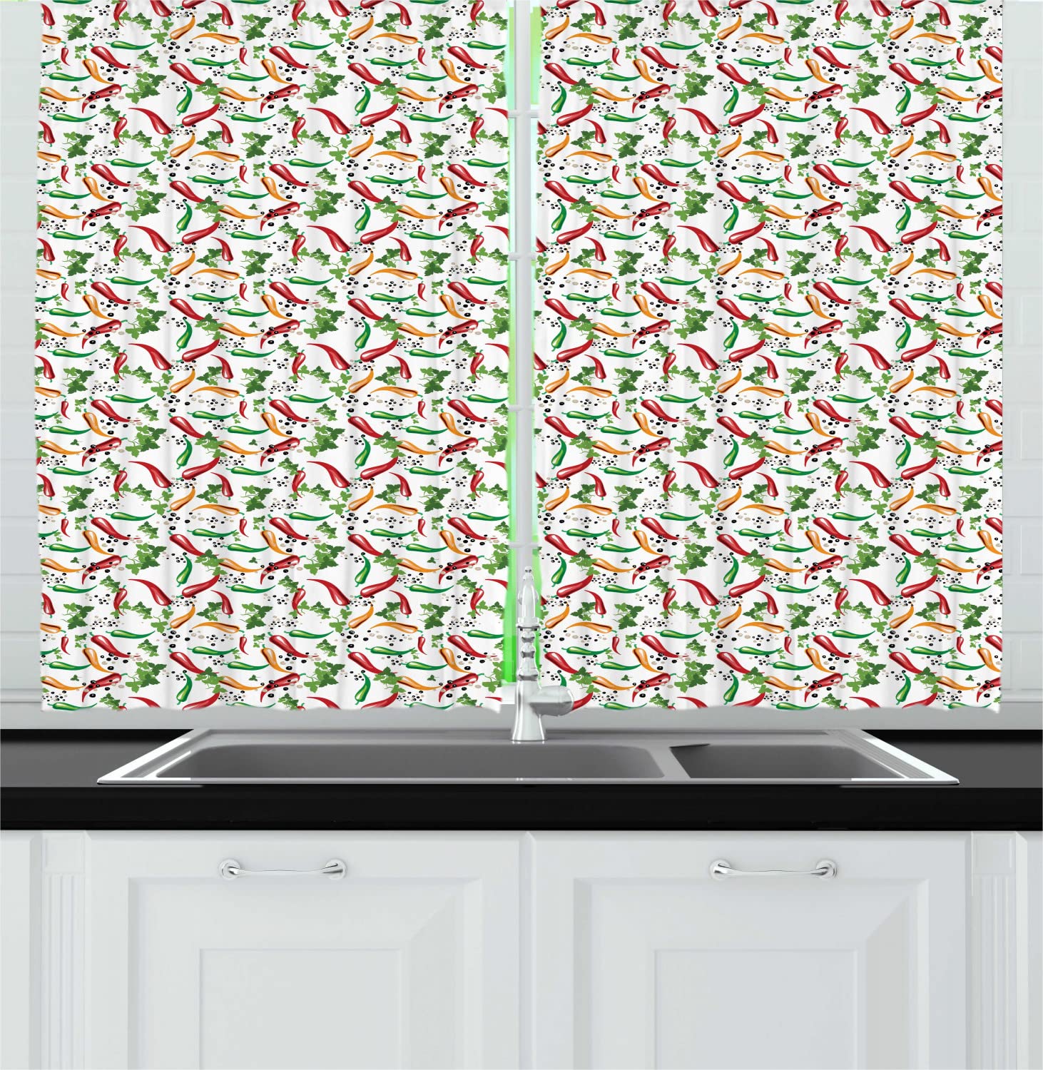 Ambesonne Food Themed Kitchen Curtains - Spicy Chilli Peppers & Fresh Parsley Leaves Design, Mexican Jalapeno Cooking Spice Decor, 2 Panel Rod Pocket Drapes 55x45 Inches, Dark Pink Green Orange - Perfect for Farmhouse, Mexican & Rustic Kitchen Decor