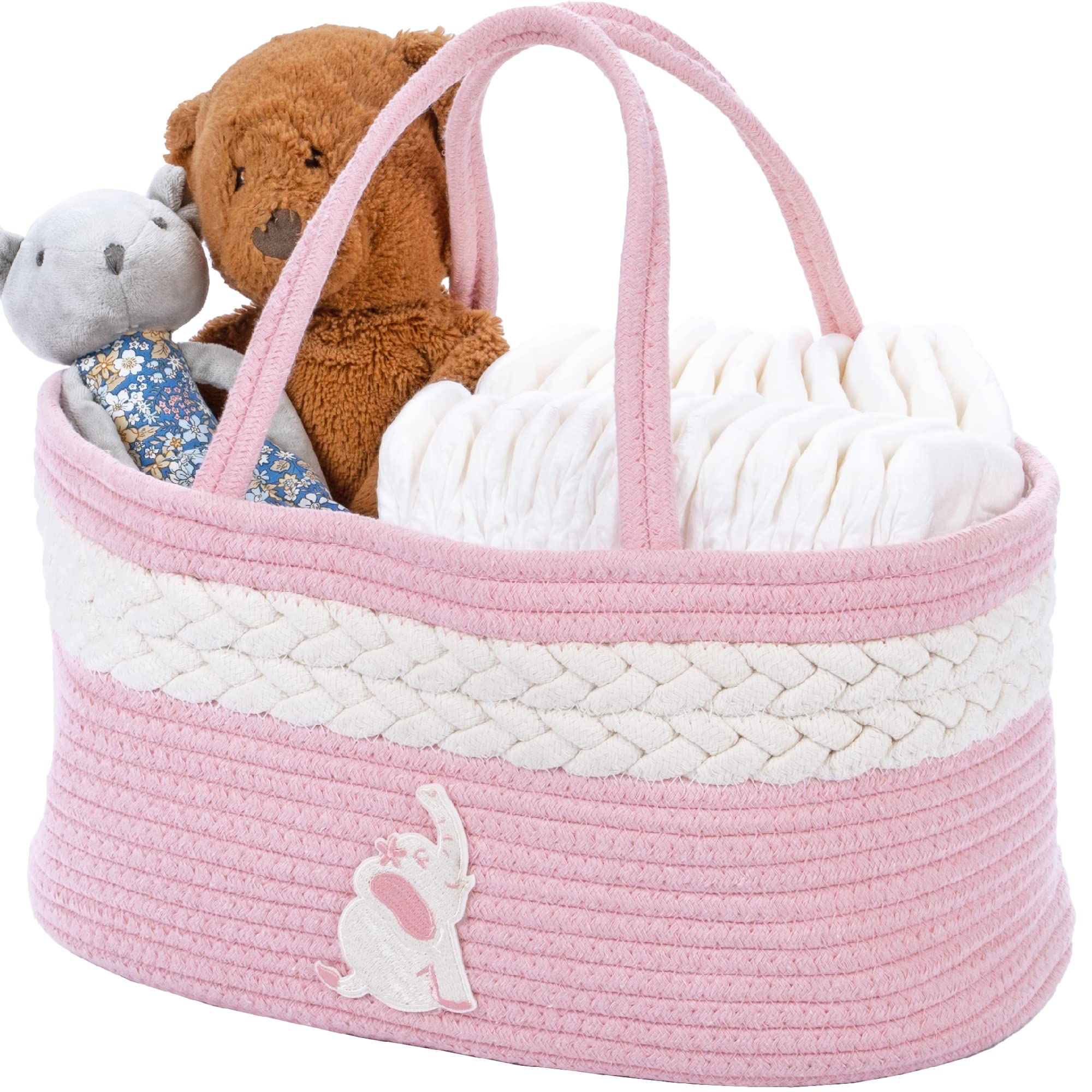 **Premium 100% Cotton Rope Diaper Caddy Organizer - Portable Baby Diaper Storage Basket with Multiple Compartments - Nursery & Baby Shower Essential - Perfect for Diapers, Wipes & Baby Essentials (Delicate Pink)**    *(Use Cases: Ideal for nursery organization, baby showers, diaper changing stations, and keeping baby essentials within easy reach at home or on-the-go.)*