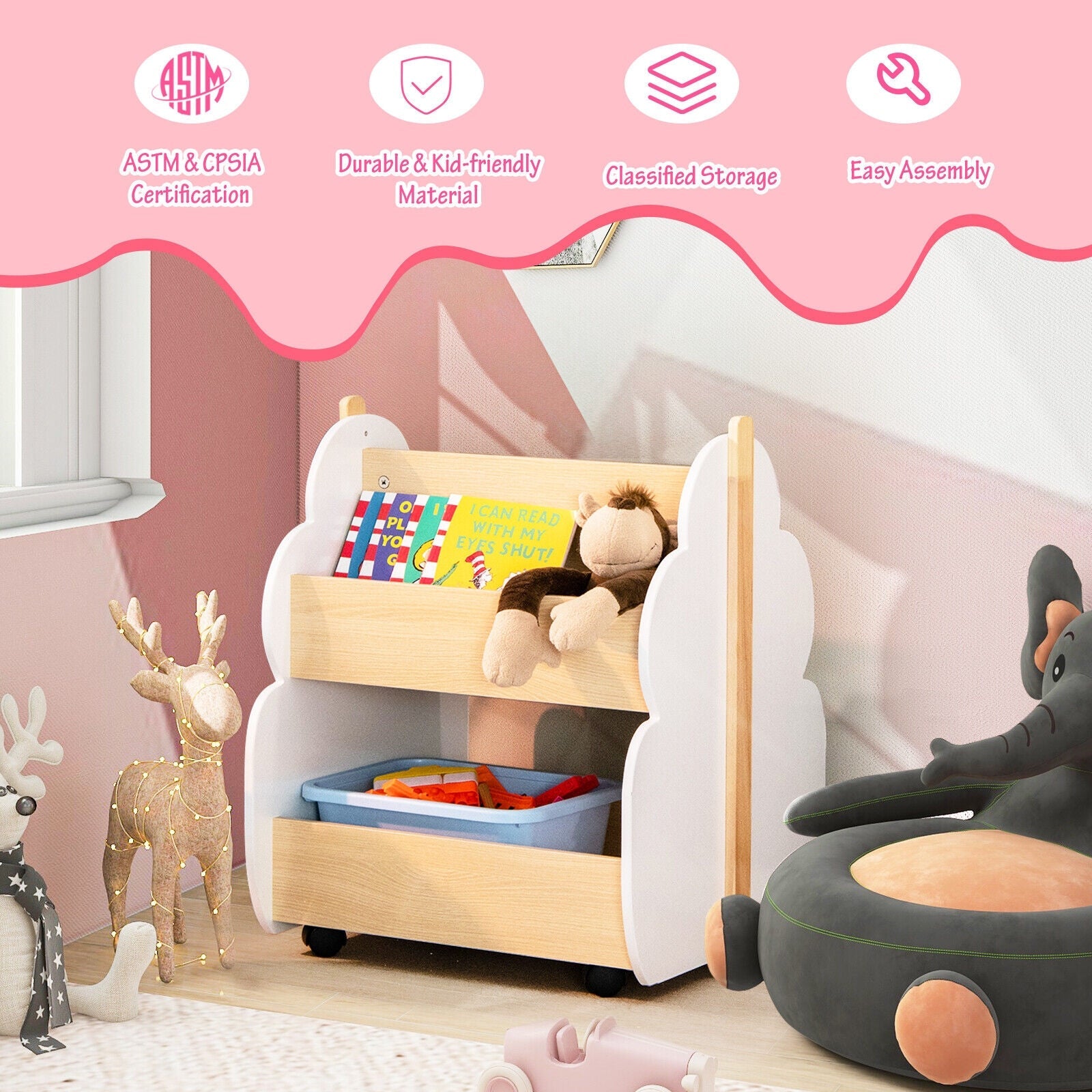 Kids Wooden Bookshelf with Universal Wheels - Sturdy & Mobile Storage for Nursery, Playroom, or Classroom - Perfect for Organizing Books, Toys, and Learning Materials