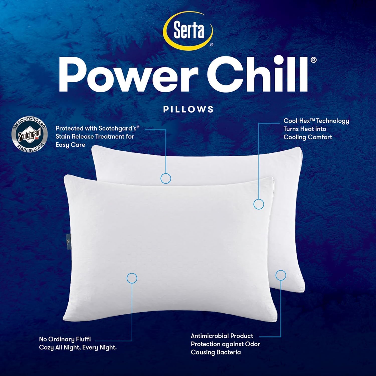 Serta Power Chill Cooling Soft/Medium Down Alternative Pillows for Side, Stomach & Back Sleepers - 2 Pack Queen Size White - Perfect for Hot Sleepers & Allergy Relief in Bedroom, Guest Room or Dorm