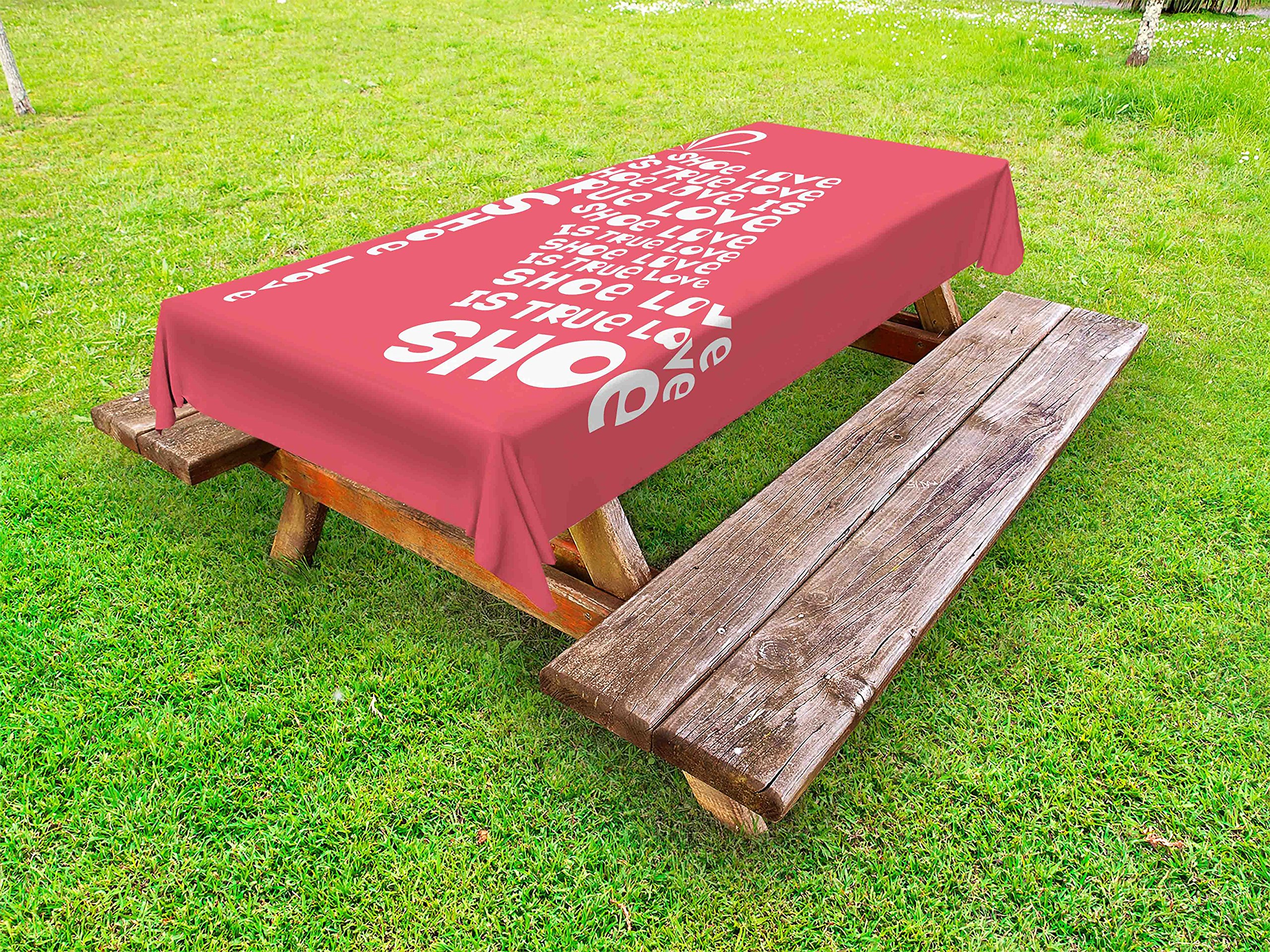 Ambesonne Funny Shoe Love Tablecloth - 'Shoe Love is True Love' Fashion Design, Washable Outdoor Picnic Table Cover 58x120 Inches, White & Coral - Perfect for Garden Parties, BBQs & Decorative Dining