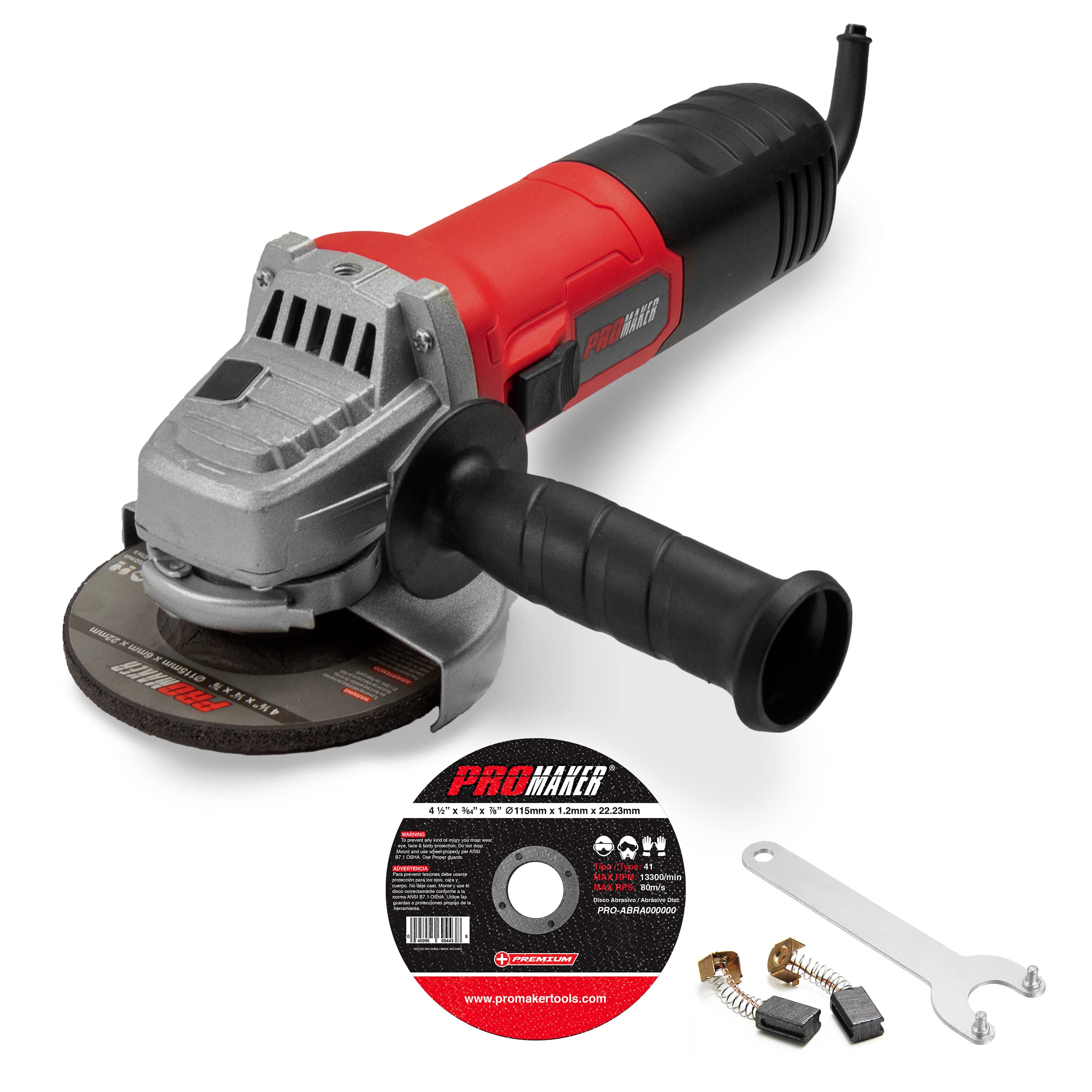 PROMAKER 6.5-Amp 4-1/2 Inch (115mm) Angle Grinder with 750W Power, Includes Grinding Wheel & 2 Extra Carbon Brushes - PRO-ES750 - Perfect for Metal Cutting, Polishing, and DIY Home Improvement Projects