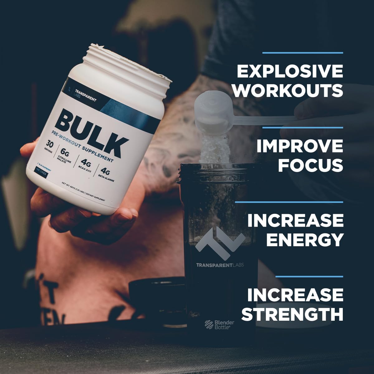 Transparent Labs Bulk Pre-Workout - Blue Raspberry, 30 Servings for Muscle & Strength | Gym & Fitness