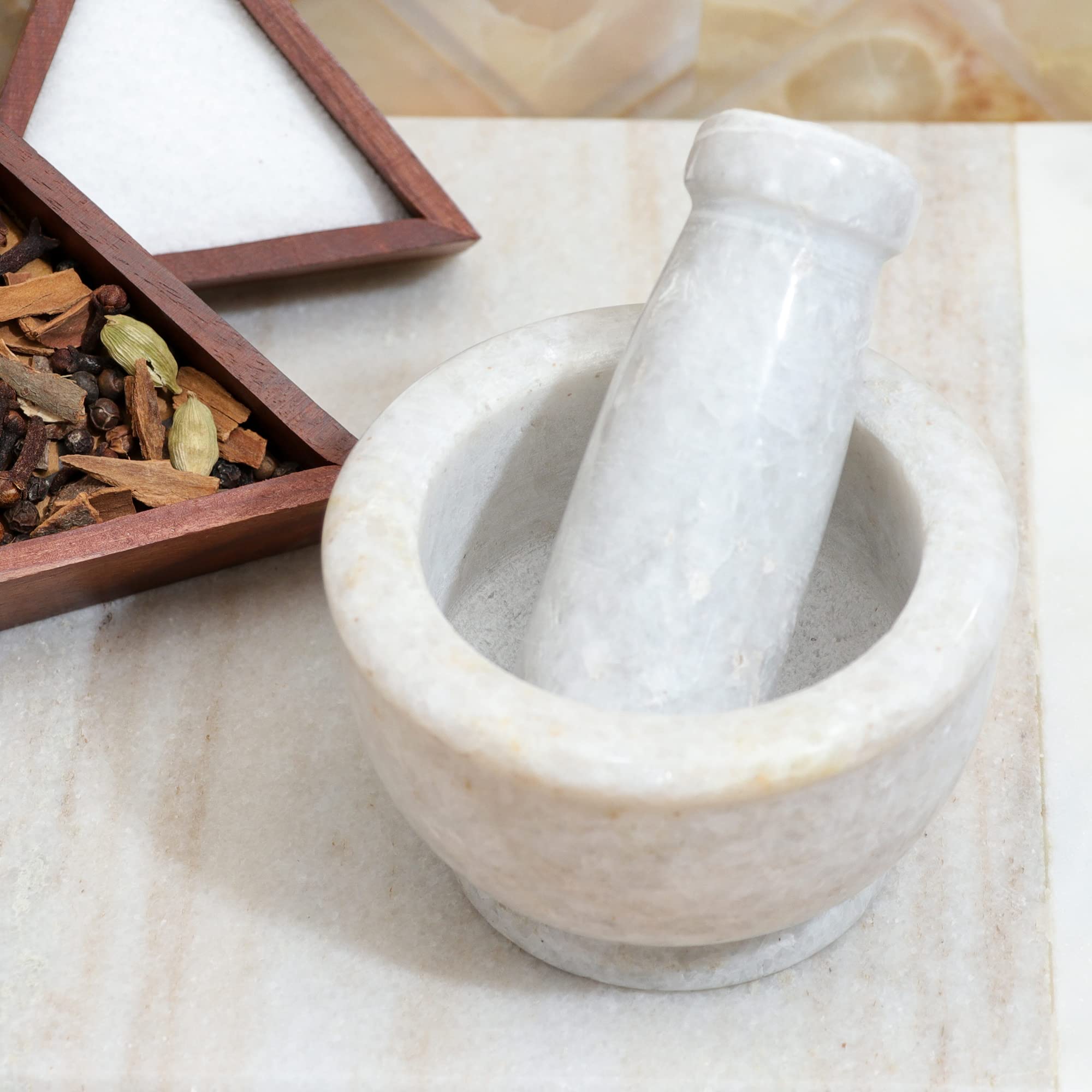 Premium White Marble Mortar and Pestle Set - 4 Inch Spice Grinder & Herb Crusher - Perfect for Guacamole, Pesto, Spices, Pills - Elegant Kitchen Gift for Women - Ideal for Home Cooking, Herbal Remedies & Gourmet Food Preparation