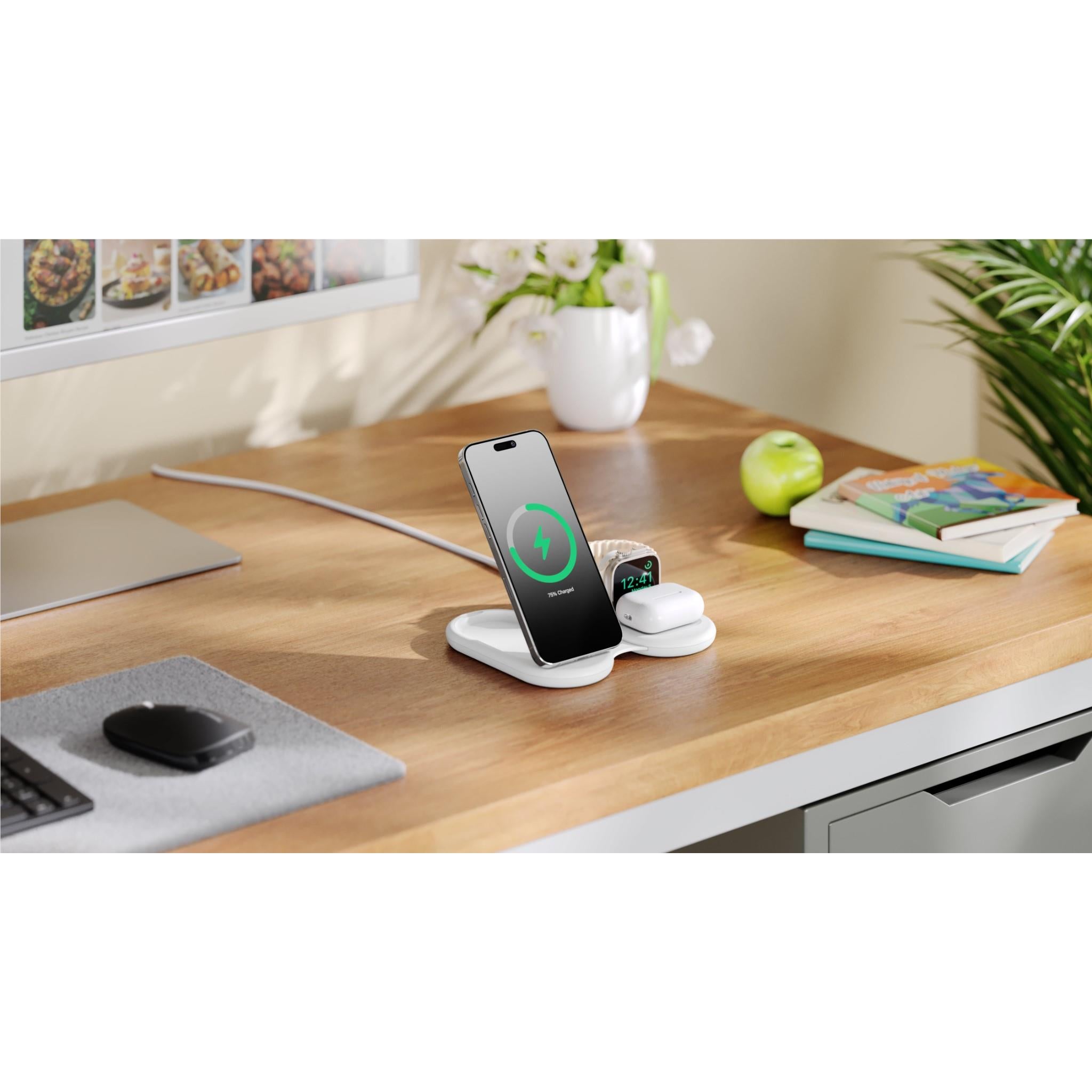 Alogic PackAway 3-in-1 Qi2 Certified Wireless Charging Stand for iPhone, AirPods & Apple Watch - Fast Charging Station with Foldable Design (White) - Perfect for Home, Office & Travel