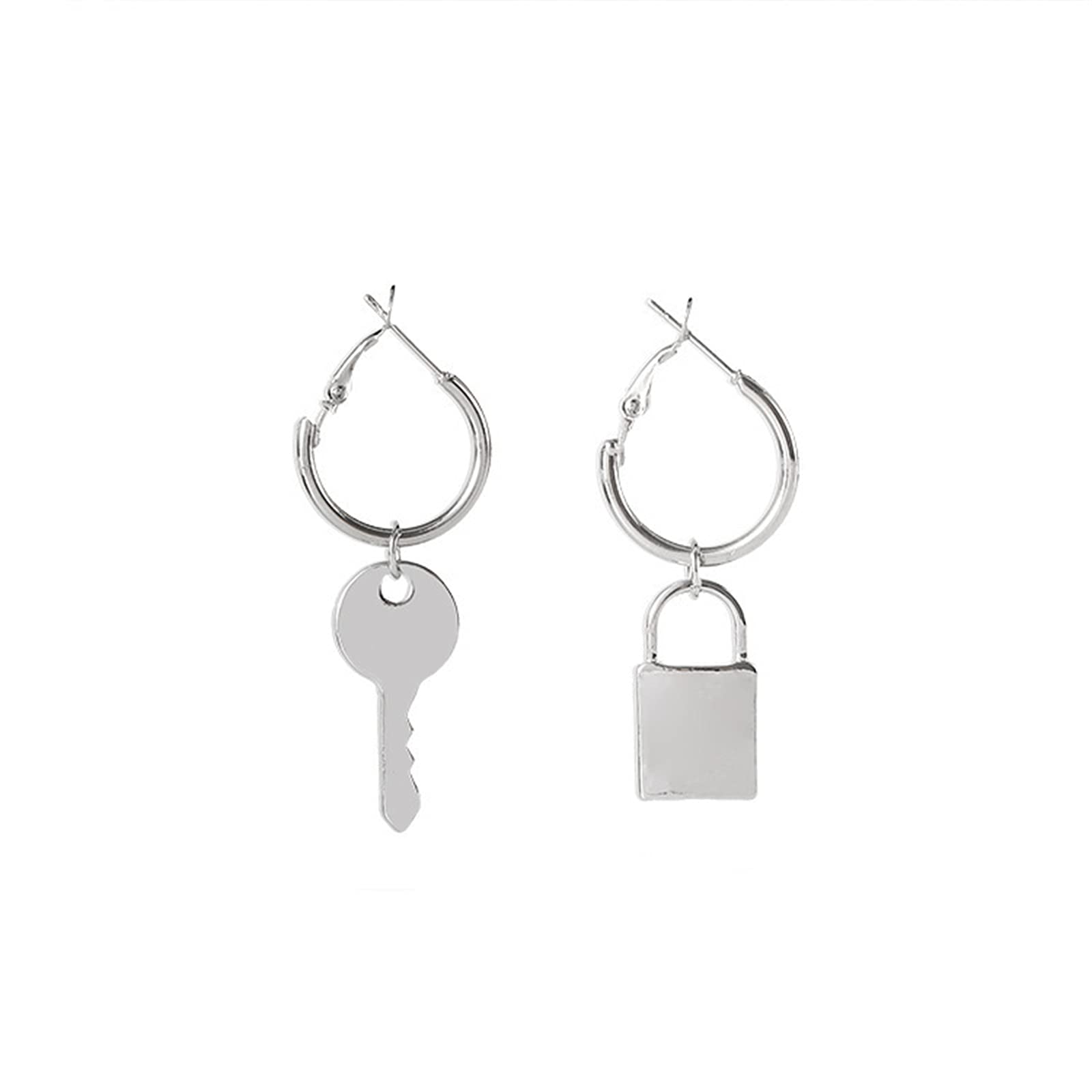 Unique Silver Plated Asymmetric Padlock & Key Dangle Hoop Earrings for Women - Geometric Punk Edgy Aesthetic Jewelry - Perfect for Parties, Concerts and Everyday Fashion Statement