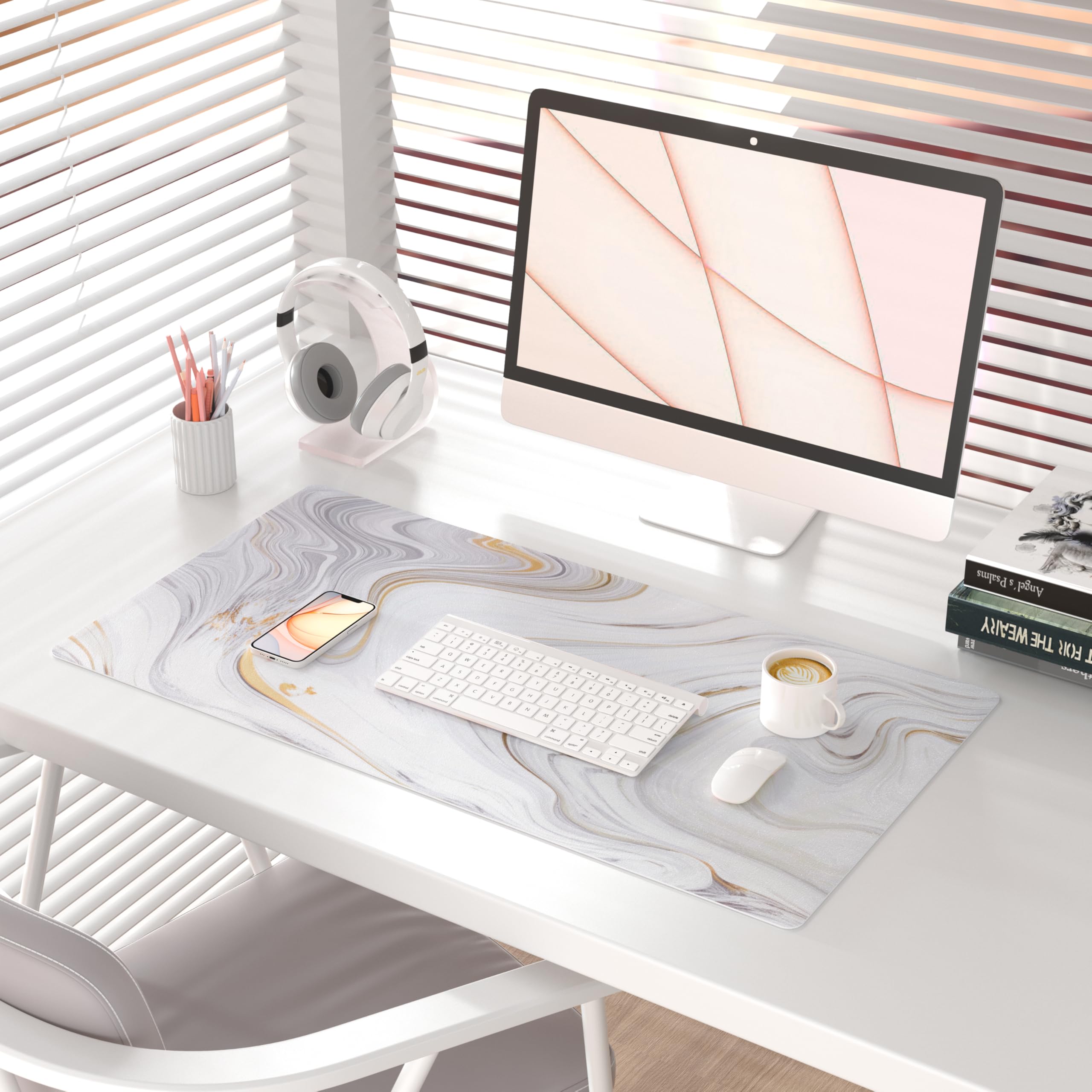 QIYI White Marble Mouse Pad - Large PU Leather Desk Mat with Gold Grey Stripes, Non-Slip Waterproof Keyboard & Gaming Mouse Pad (31.5
