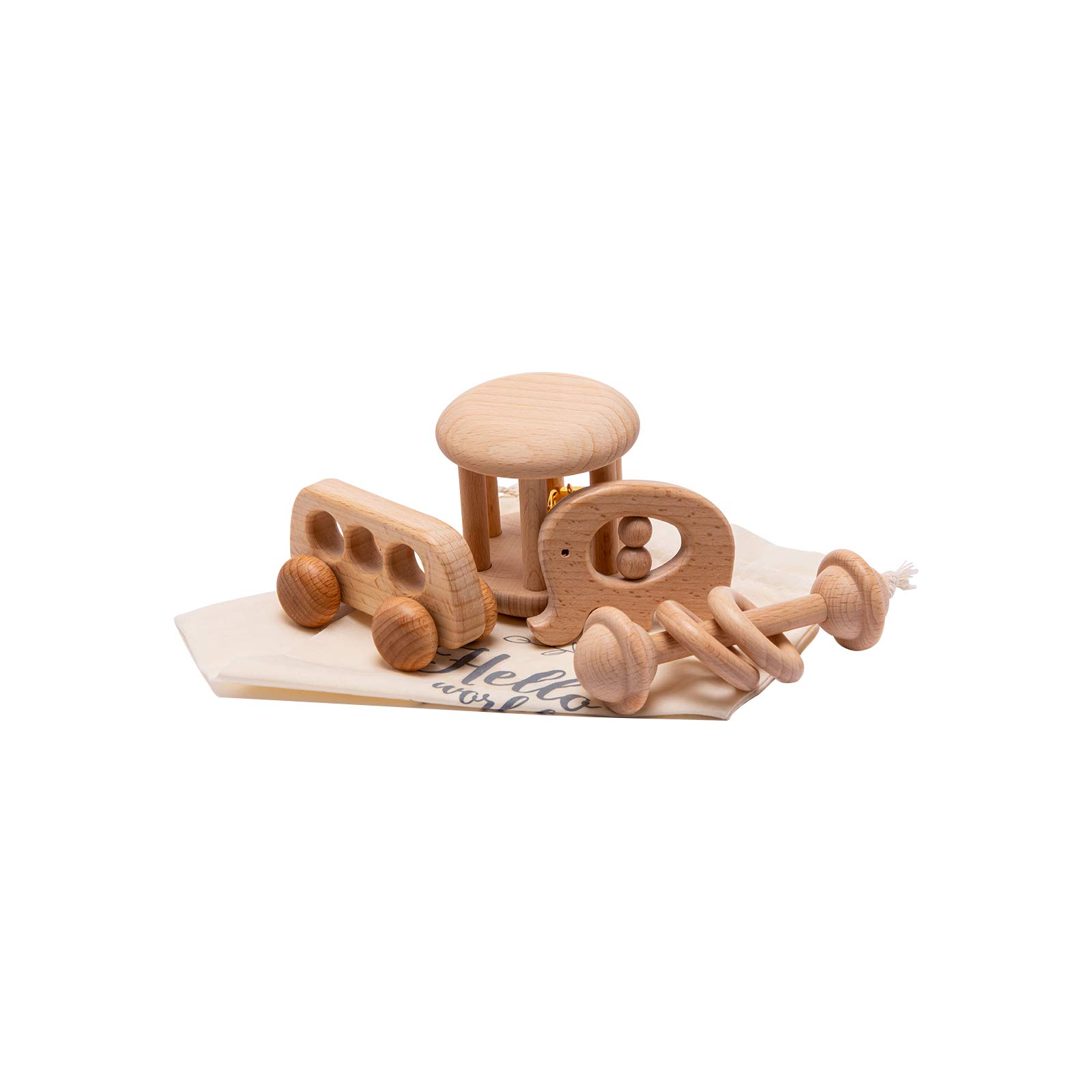 Montessori Wooden Baby Toys Set - 4pcs Wooden Rattles, Grasping Toys & Wood Ring Bus Toy Set for Early Learning & Sensory Play - Perfect for Toddlers & Infants Developmental Activities