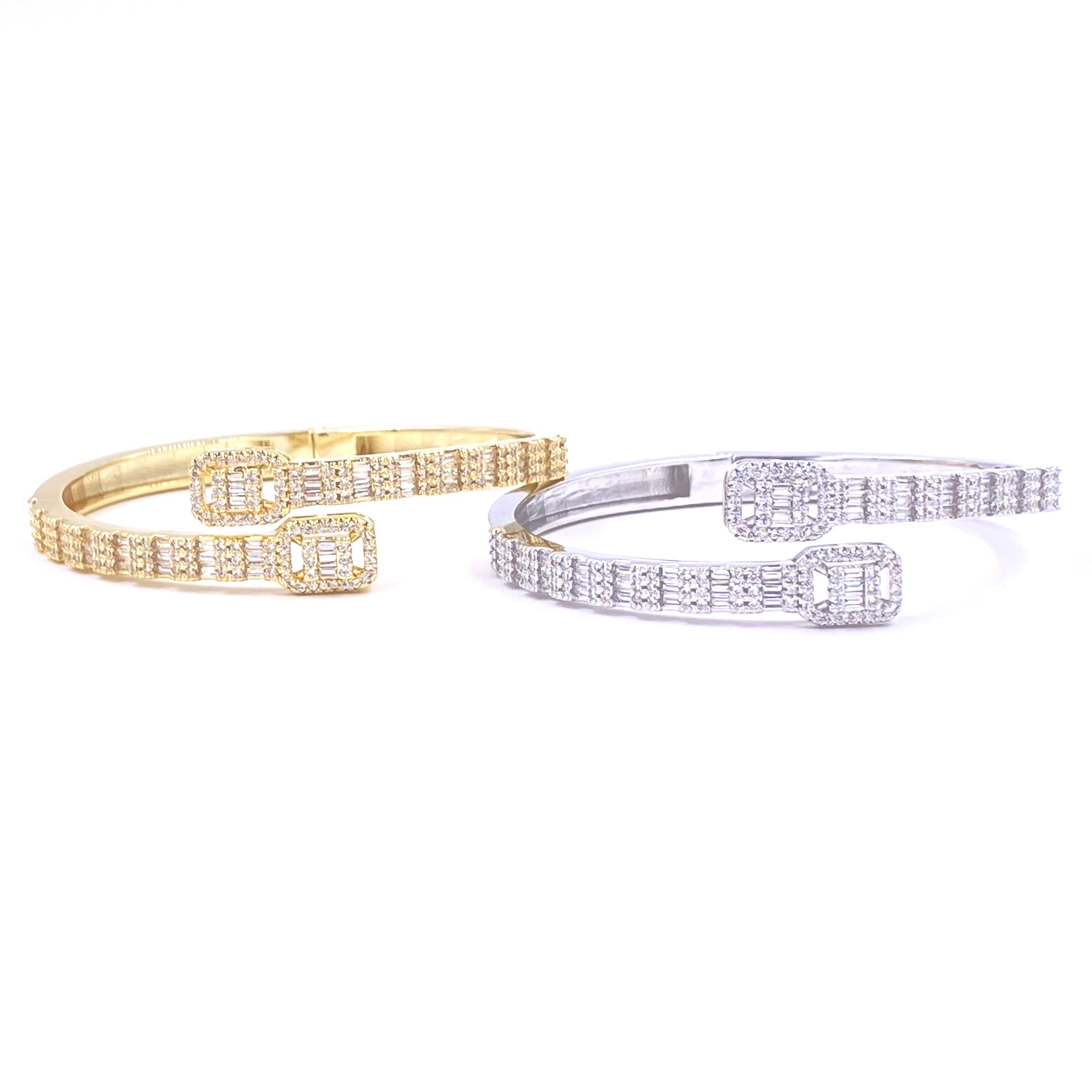 Ashley Gold Stainless Steel Stacked Square & Baguette CZ Bracelet - Elegant Jewelry for Women, Perfect for Parties, Weddings & Everyday Wear