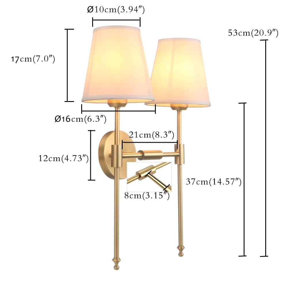 PERMO Classic Rustic Double Sconce Wall Light - 2-Light Antique Brass Fixture with White Flared Fabric Shade - Perfect for Bathroom, Bedroom, Hallway & Living Room Lighting Decor