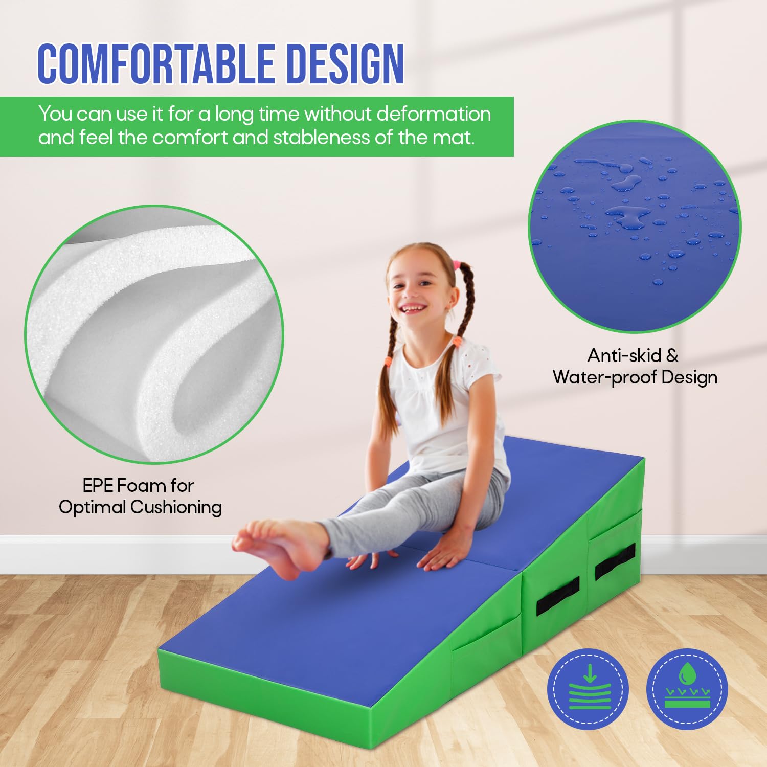 Non-Slip PU Folding Gymnastics Incline Mat - Wedge Cheese Tumbling & Yoga Exercise Mat for Home Gym with Handles | Perfect for Gymnastics Training, Yoga Practice & Home Workouts