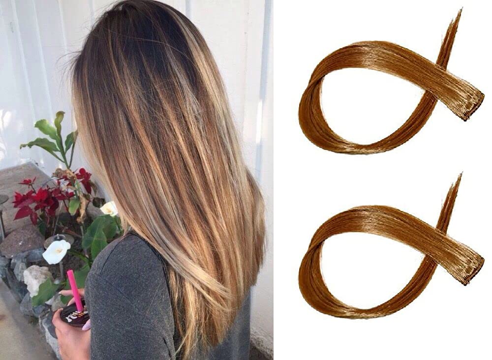Clip-in Hair Extensions for Women & Kids - Straight Colorful Streaks & Highlights (Set of 2, Brown) | Perfect for Parties, Cosplay & Everyday Styling
