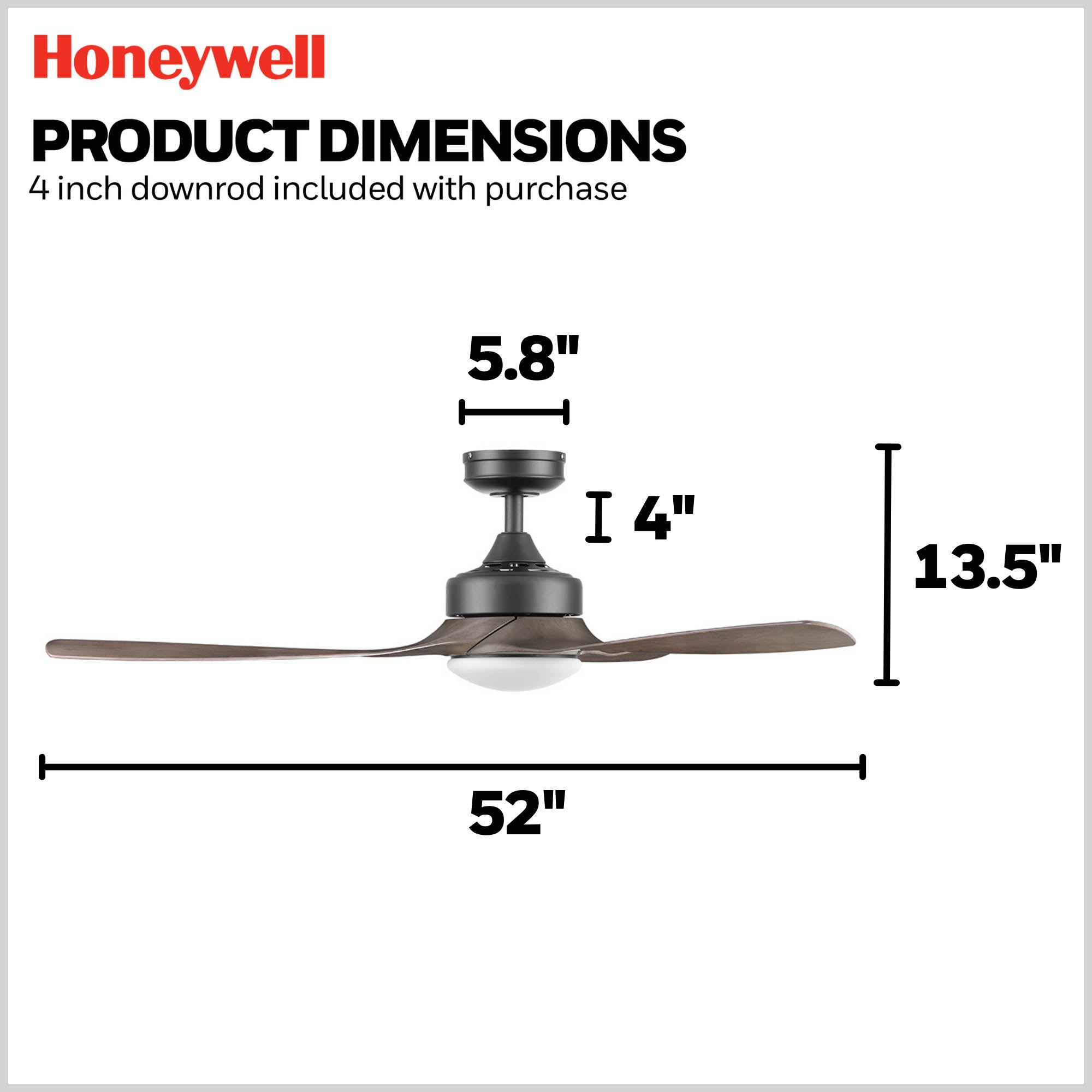 52 Inch Honeywell Lynton Ceiling Fan with Light Kit and Remote Control - Matte Black/Brown Finish - Perfect for Living Room, Bedroom, and Outdoor Covered Patio