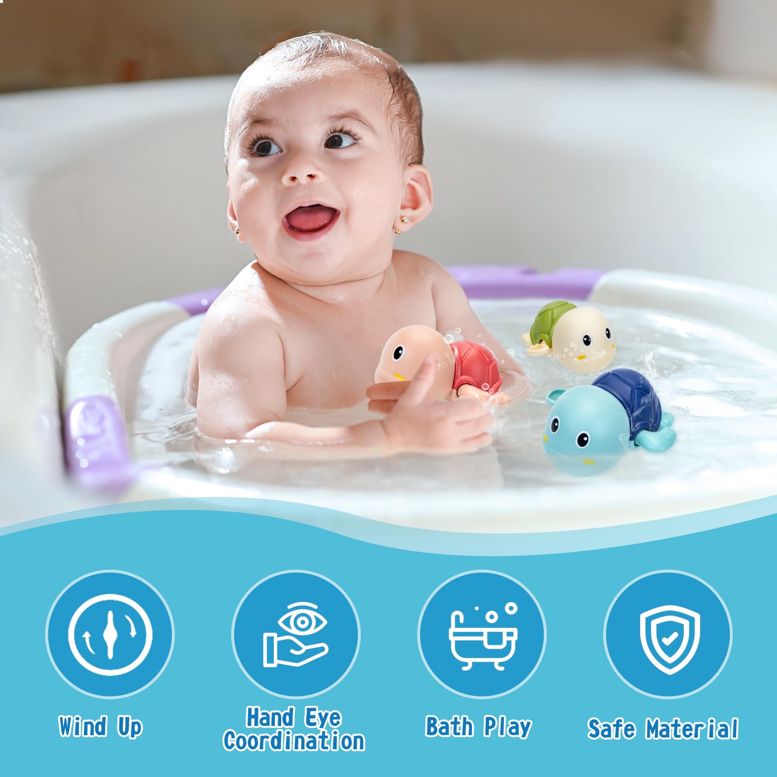 3 Pack Cute Turtle Bath Toys for Toddlers 1-3 - Fun Water Play for Boys & Girls