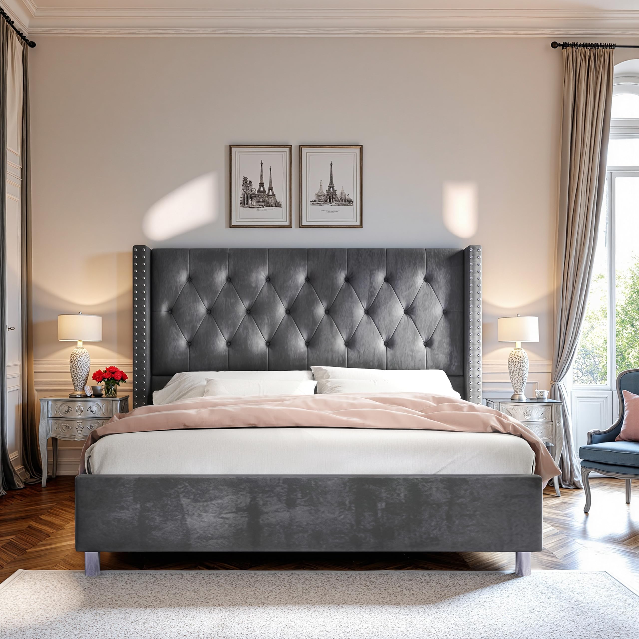 Luxury Velvet Upholstered King Size Bed Frame with Tall Wingback Headboard - Tufted Button Design, No Box Spring Needed, Easy Assembly, Grey - Perfect for Master Bedroom & Modern Home Decor