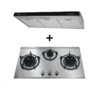 Ellane 60cm/90cm Slimline Hood with Black Panel EH 9280 + Ellane EB 338SV 76cm 3 Burner Gas Cooker - Modern Kitchen Ventilation & Cooking Solution for Home & Restaurant Use