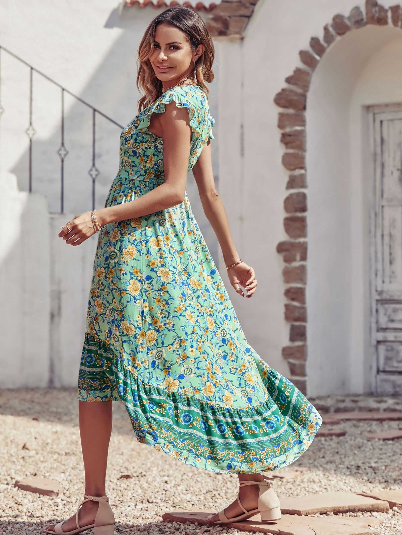 PRETTYGARDEN Women's Summer Maxi Dress 2025 - Floral Print V-Neck Boho Beach Dress with Cap Sleeves, Flowy High-Low Hem in Green & Yellow | Perfect for Vacations, Beach Parties and Casual Outings
