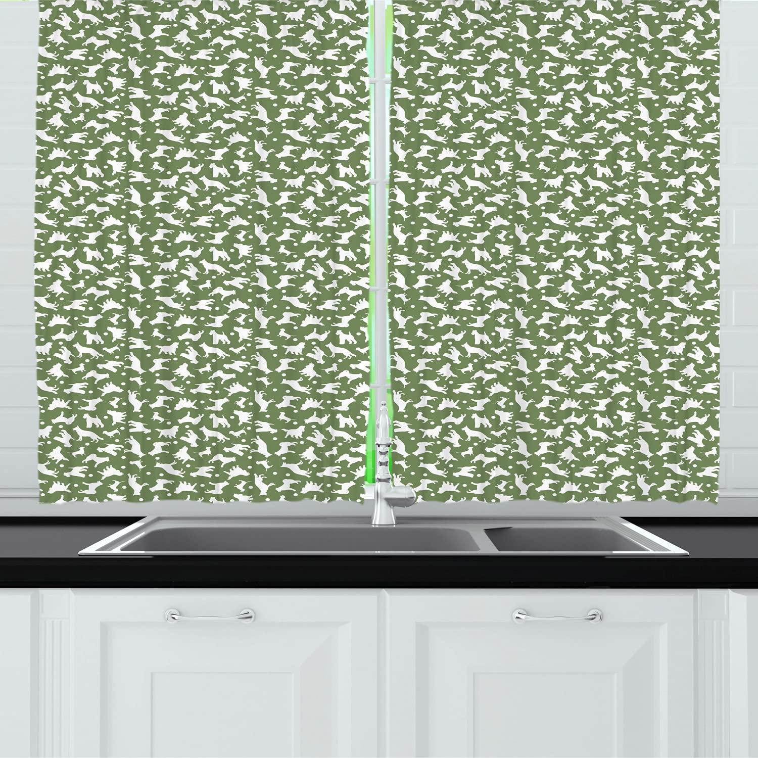 Ambesonne Dog Print Long Kitchen Curtains - Puppy Silhouette & Polka Dot Design, 2 Panel Rod Pocket Drapes, 55