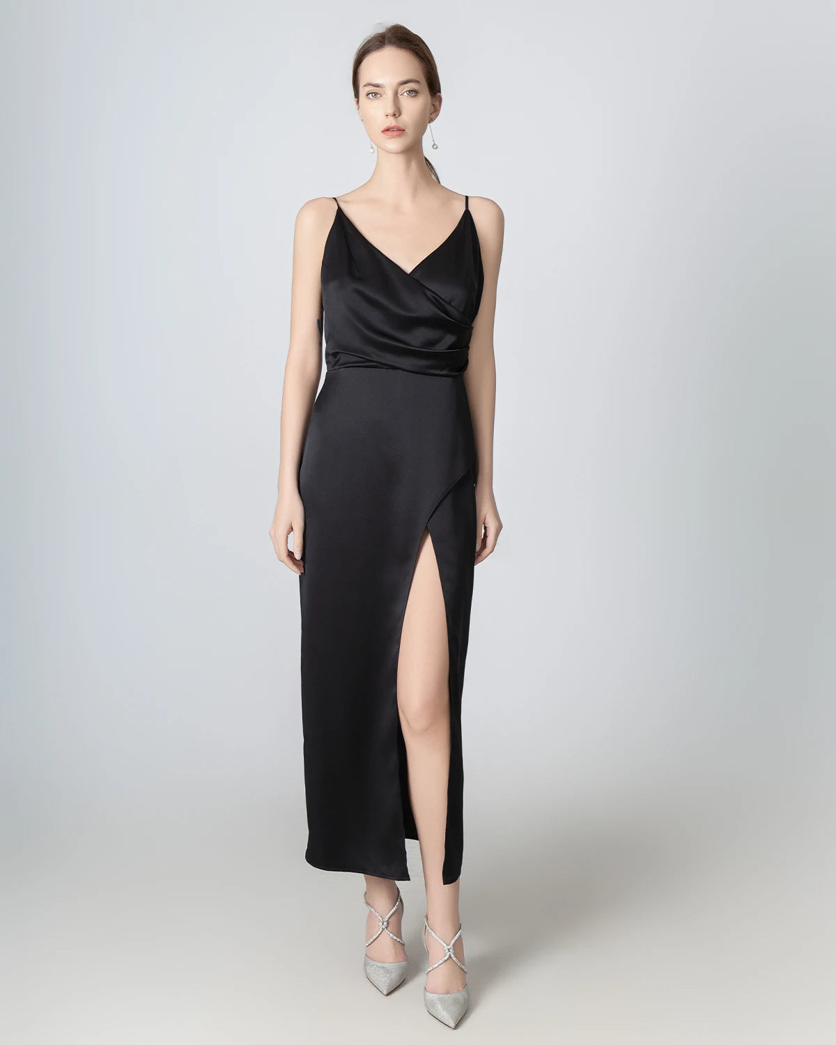 Elegant V-Neck High Slit Silk Maxi Dress for Women - Luxury Evening Gown for Parties, Weddings & Special Occasions
