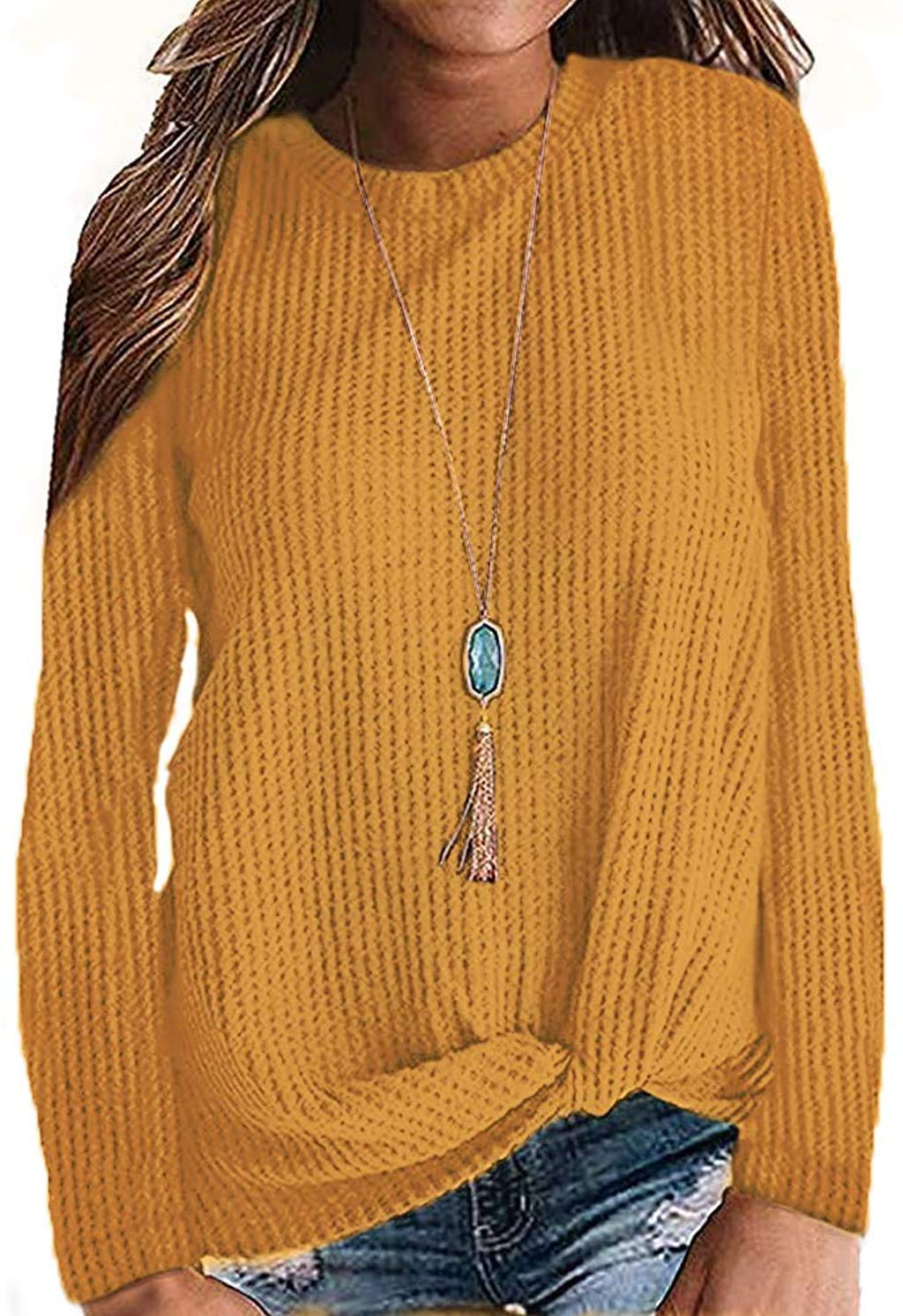MISFAY Women's Casual Long Sleeve Knit Top with Cute Twist Knot Design - Soft Waffle Texture Shirt for Fall, Winter & Everyday Wear